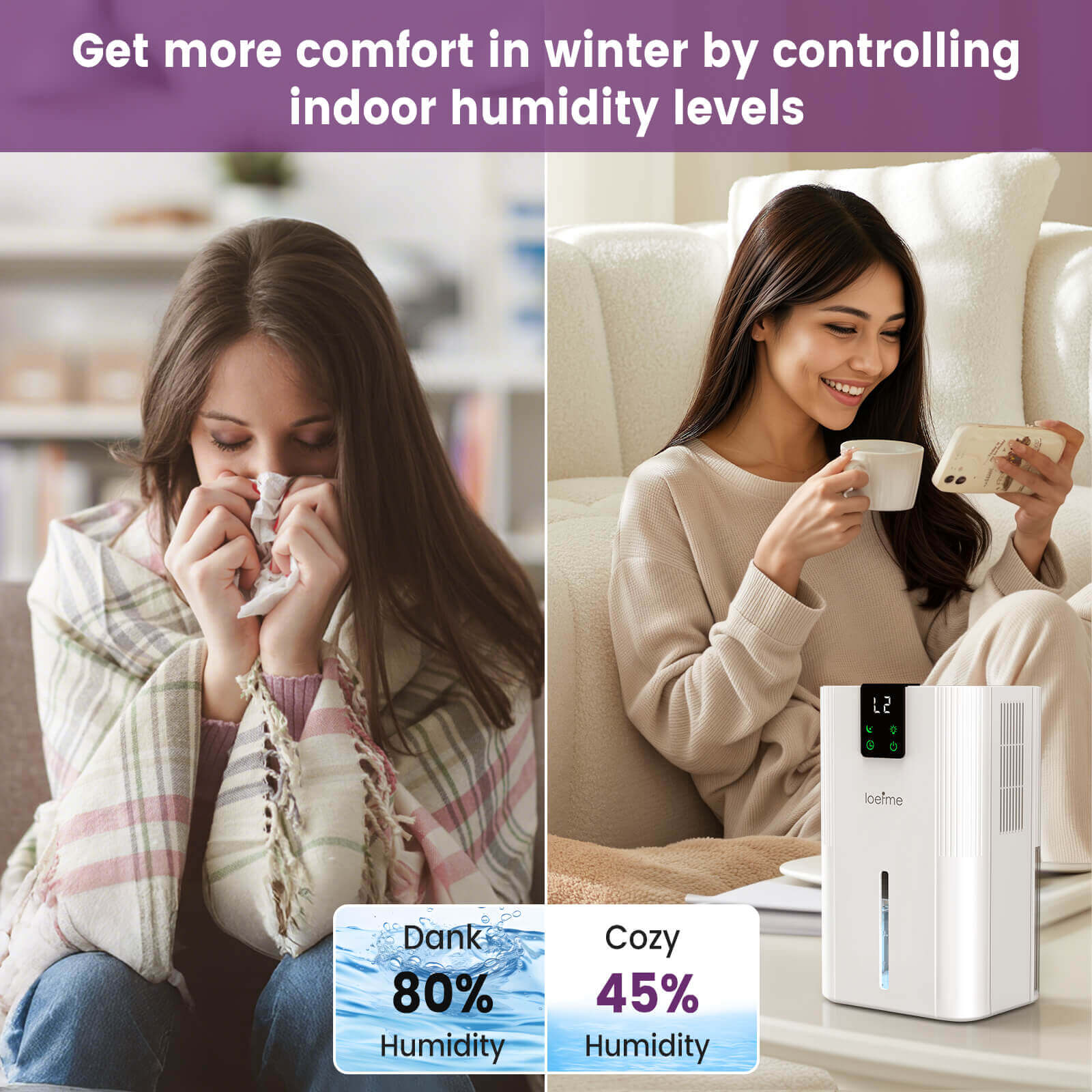 Loefme Silent Dehumidifier, Large 2.8L Air Dehumidifier, 750ML/Day With Touch Screen, LED Light For Home, Bedroom, Office, Basement