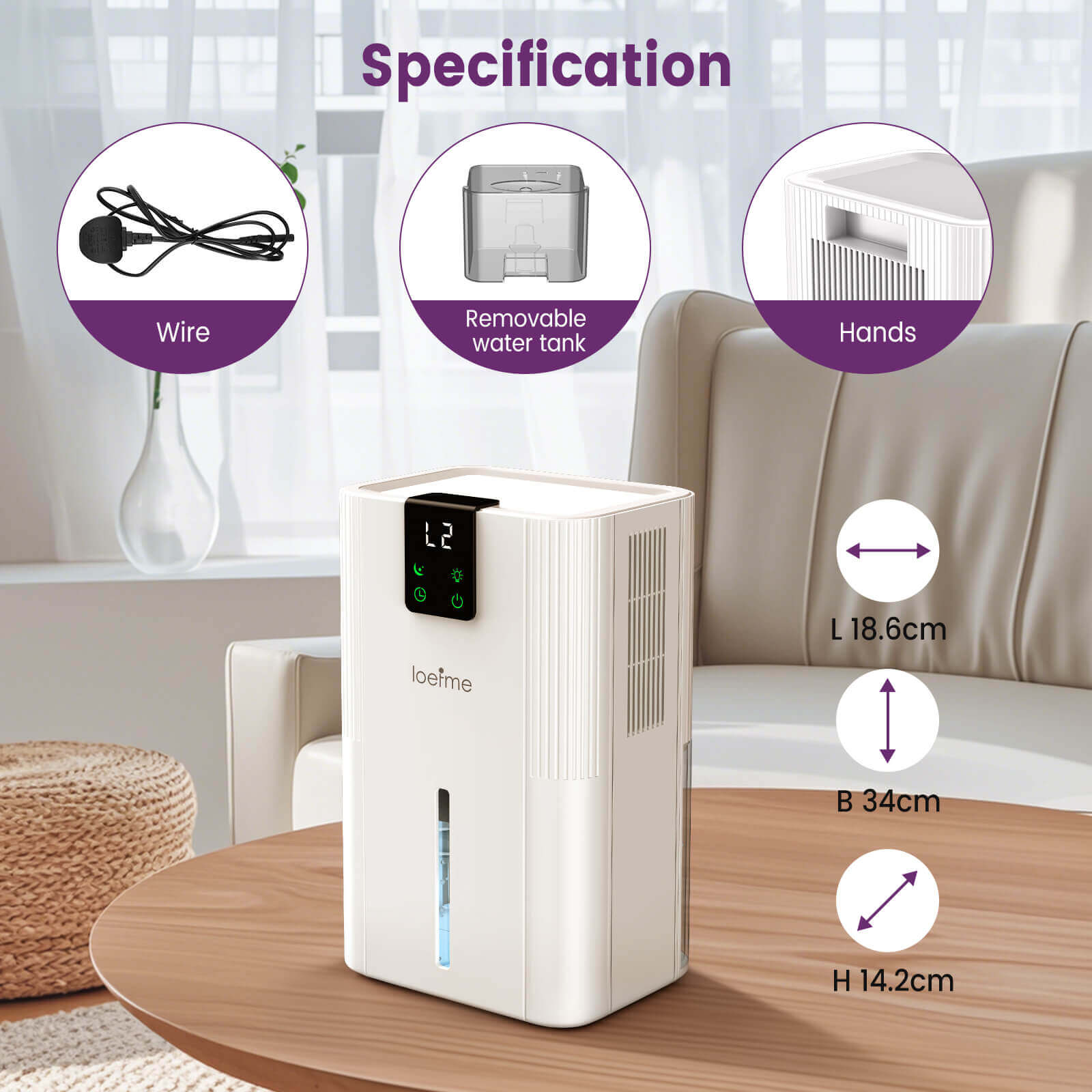 Loefme Silent Dehumidifier, Large 2.8L Air Dehumidifier, 750ML/Day With Touch Screen, LED Light For Home, Bedroom, Office, Basement