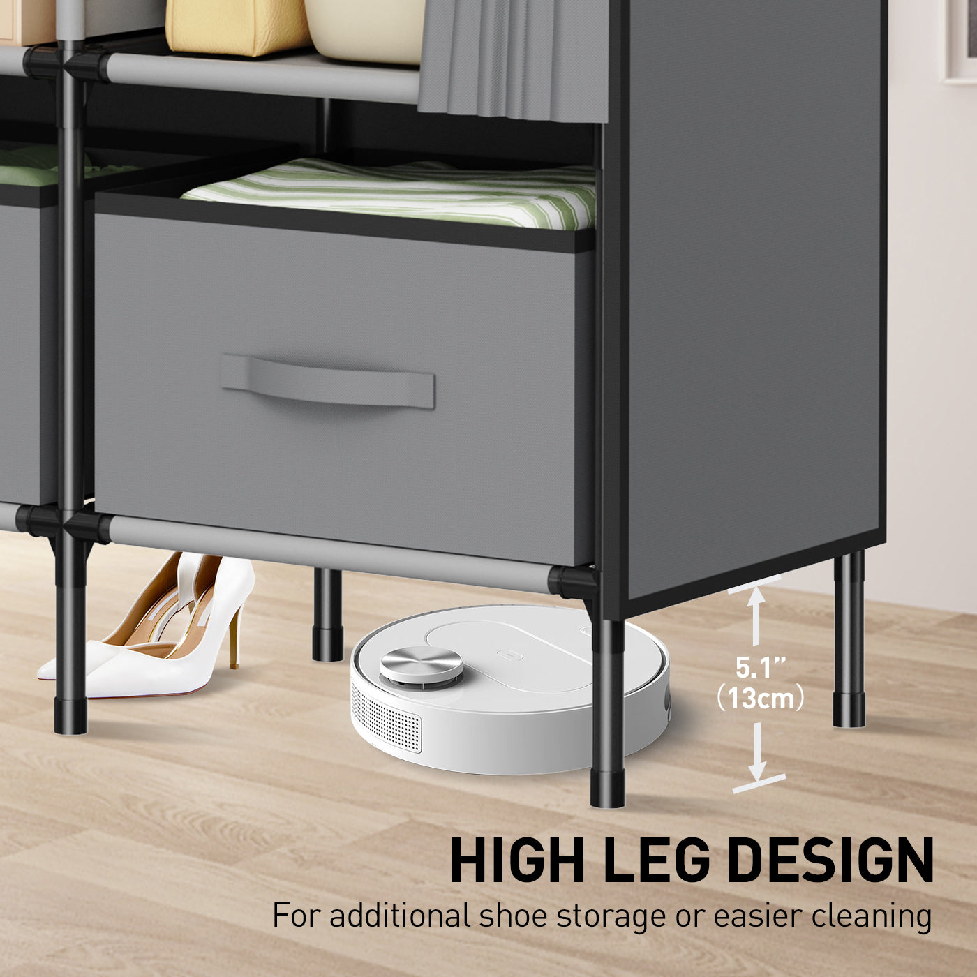 LOEFME Canvas Wardrobe, Fabric Wardrobes for Bedroom with 3 Storage Boxes and Hanging Rods, 51 x 17.7 x 67 Inch Size, 16mm Pipe Diameter Fabric Closet