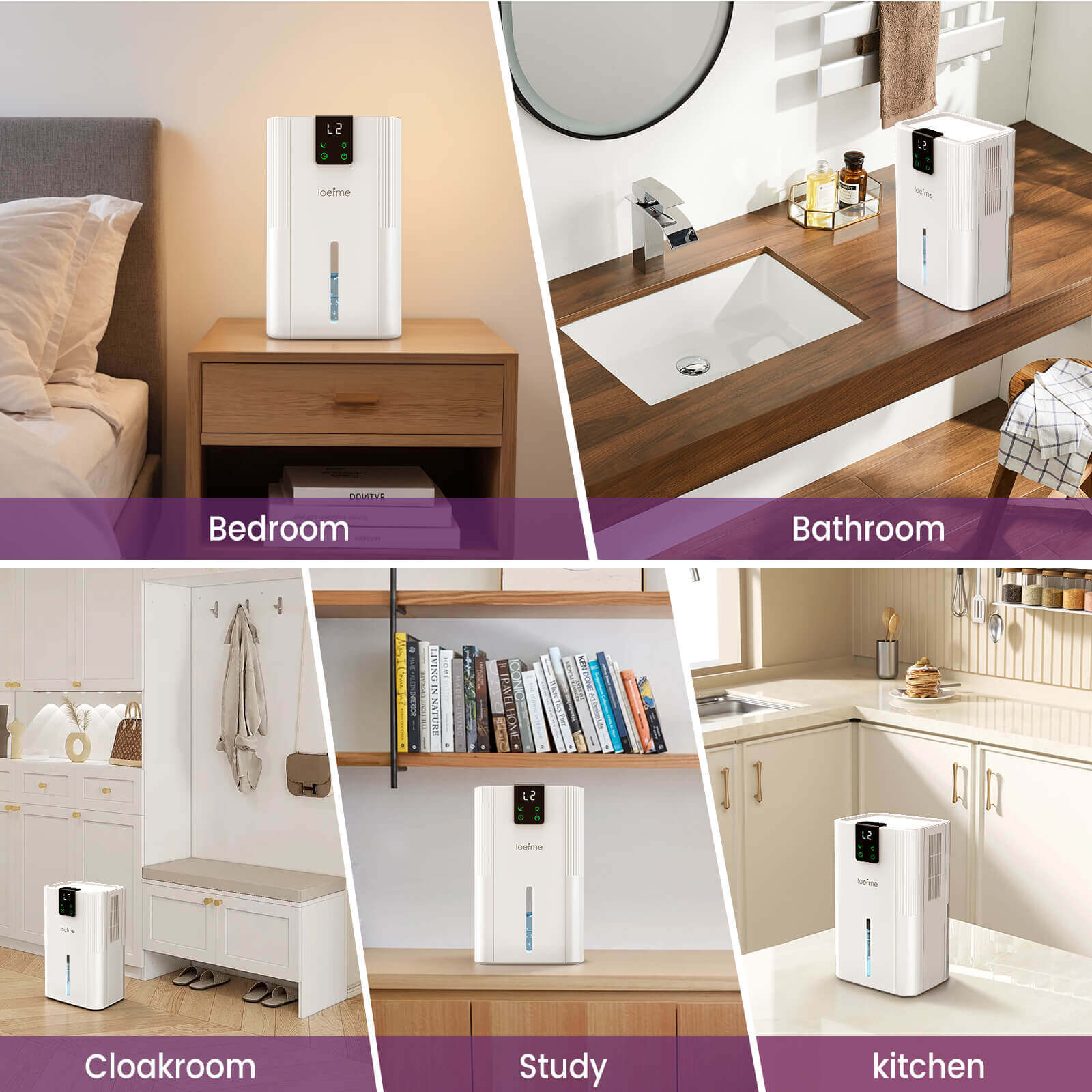 Loefme Silent Dehumidifier, Large 2.8L Air Dehumidifier, 750ML/Day With Touch Screen, LED Light For Home, Bedroom, Office, Basement
