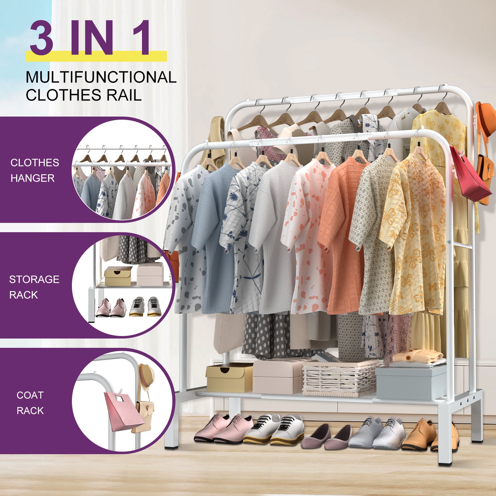 LOEFME Clothes Rail, 110 * 40 * 150cm Clothes Rack, Multifunctional Metal Clothes Hanging Rail, Minimalist Design Clothing Rail, Suitable for Bedrooms, Cloakrooms, Balconies and Dormitories