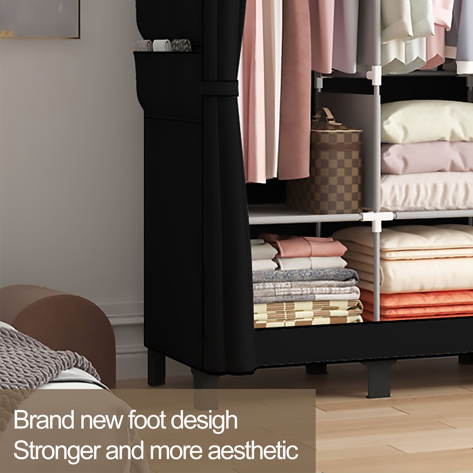 LOEFME Canvas Wardrobe 172 * 130 * 45cm, Wardrobes for Bedroom, New Base Design Fabric Bedroom Wardrobes with 2 Hanging Rails and 18 Side Bags, Fabric Closet, Cheap Folding Wardrobe