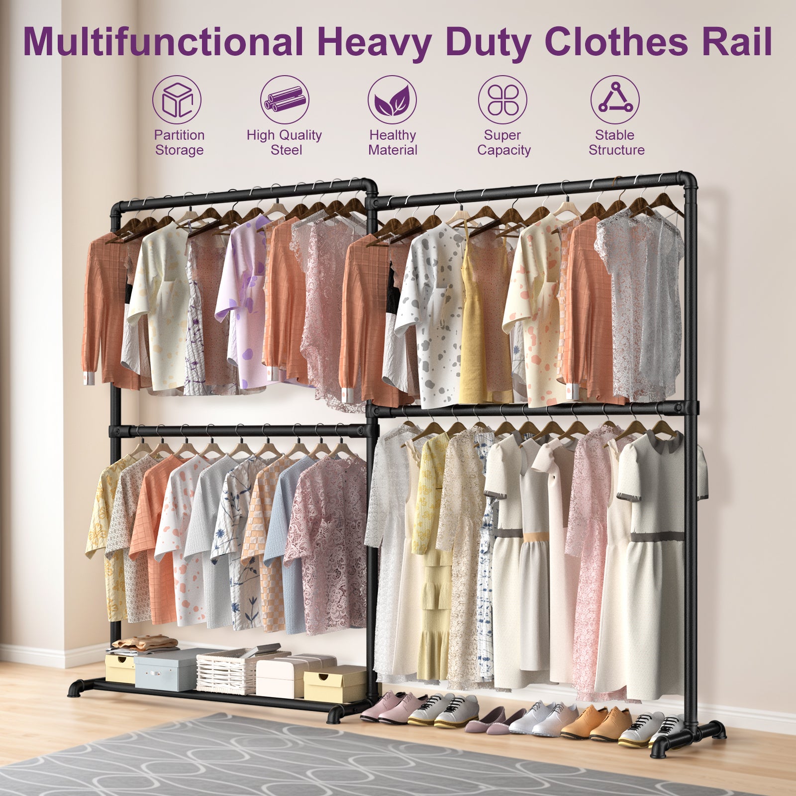 LOEFME Heavy Duty Clothes Rail, 195 * 45 * 170 cm Clothes Rack with Bottom Storage Shelf, Foldable Clothes Rails for Bedroom, Sturdy and Durable, Ideal for Home and Commercial Use