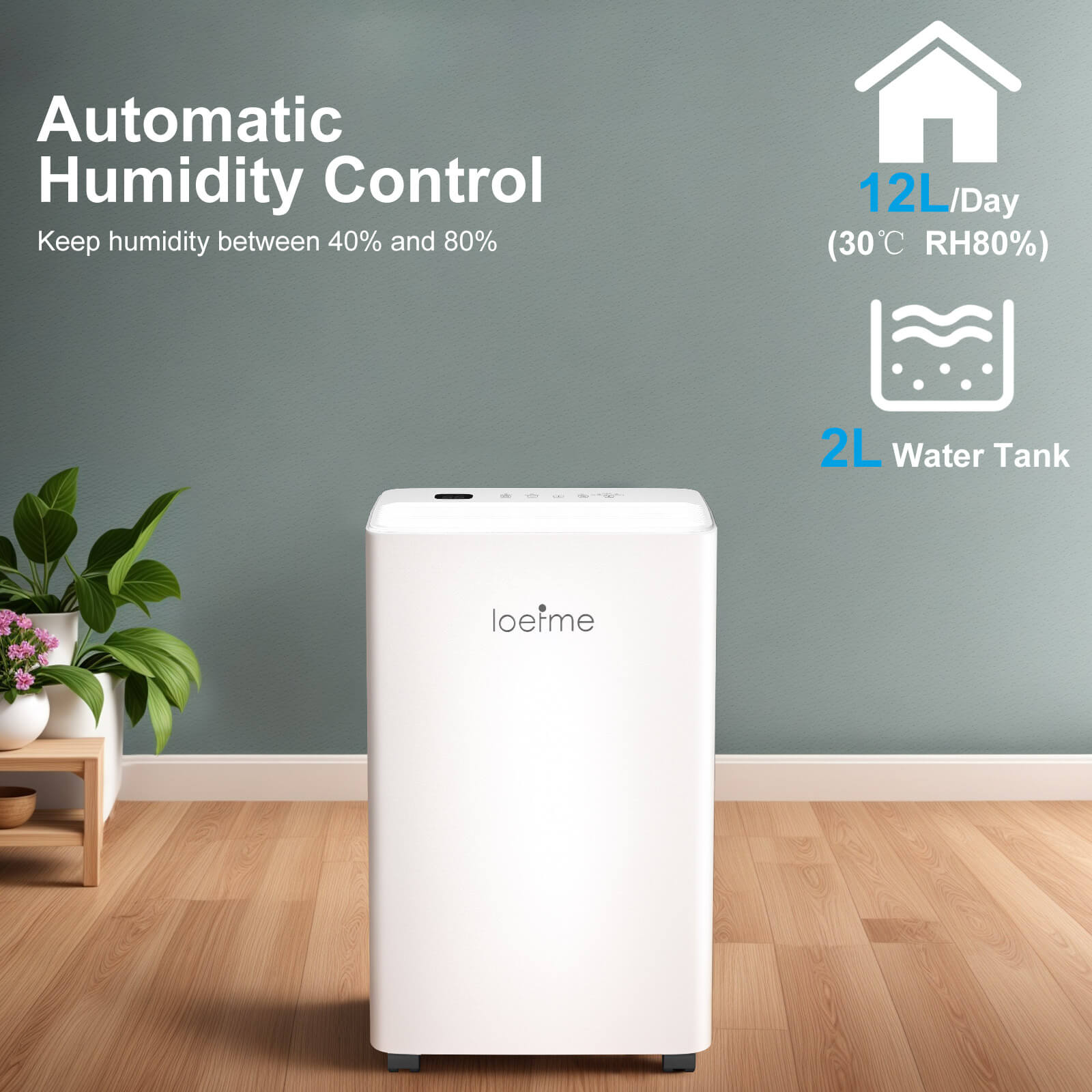 Loefme 12L/ Day Efficient Dehumidifier For Home, With 2L Tank & 2 Pipes, Portable Wheels, 3 Modes, Auto Defrost, Timer, Child Lock, Digital Display, Full Water Alert, LED Light For Bathroom/ Bedroom/ Kitchen/ Caravan/ Wardrobe