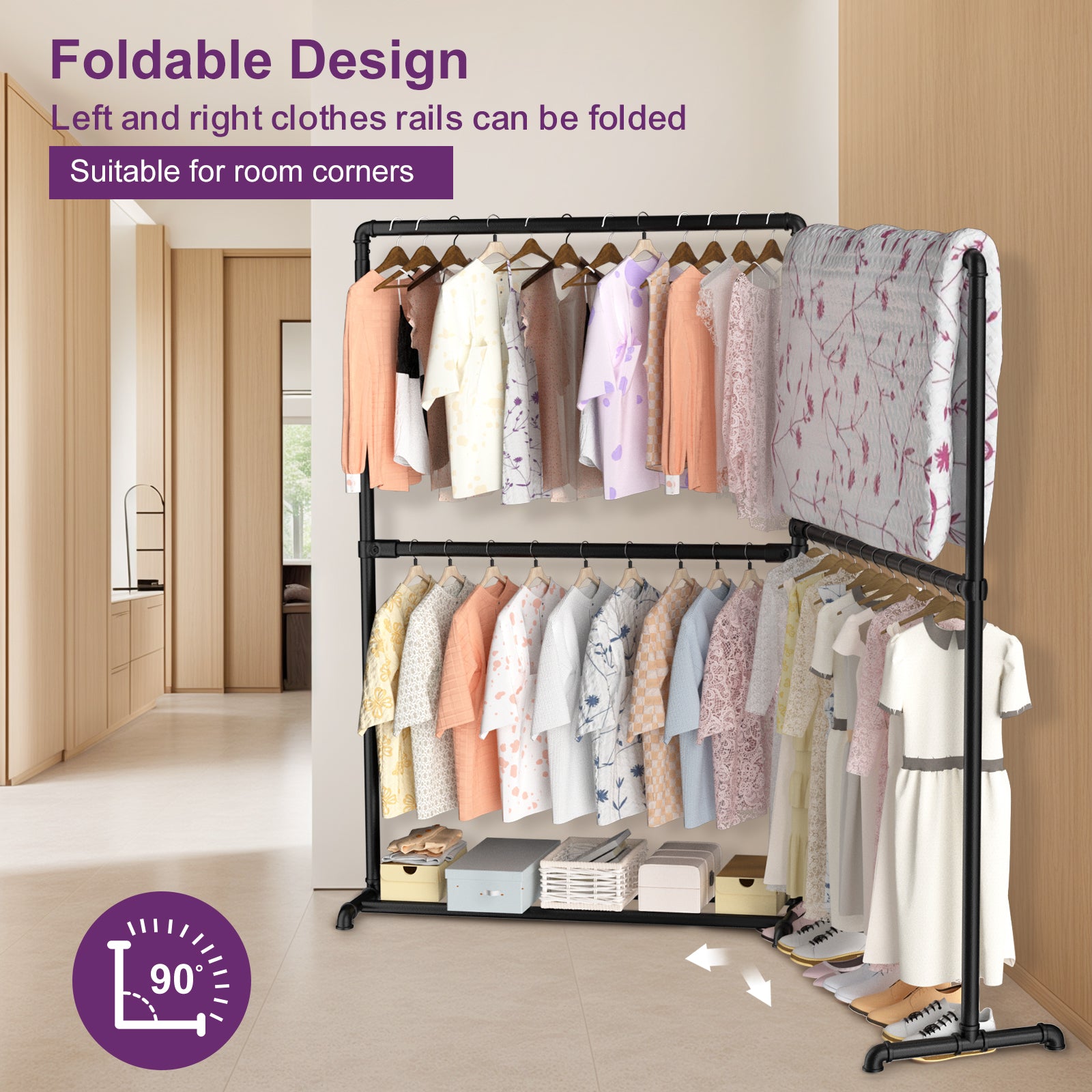 LOEFME Heavy Duty Clothes Rail, 195 * 45 * 170 cm Clothes Rack with Bottom Storage Shelf, Foldable Clothes Rails for Bedroom, Sturdy and Durable, Ideal for Home and Commercial Use