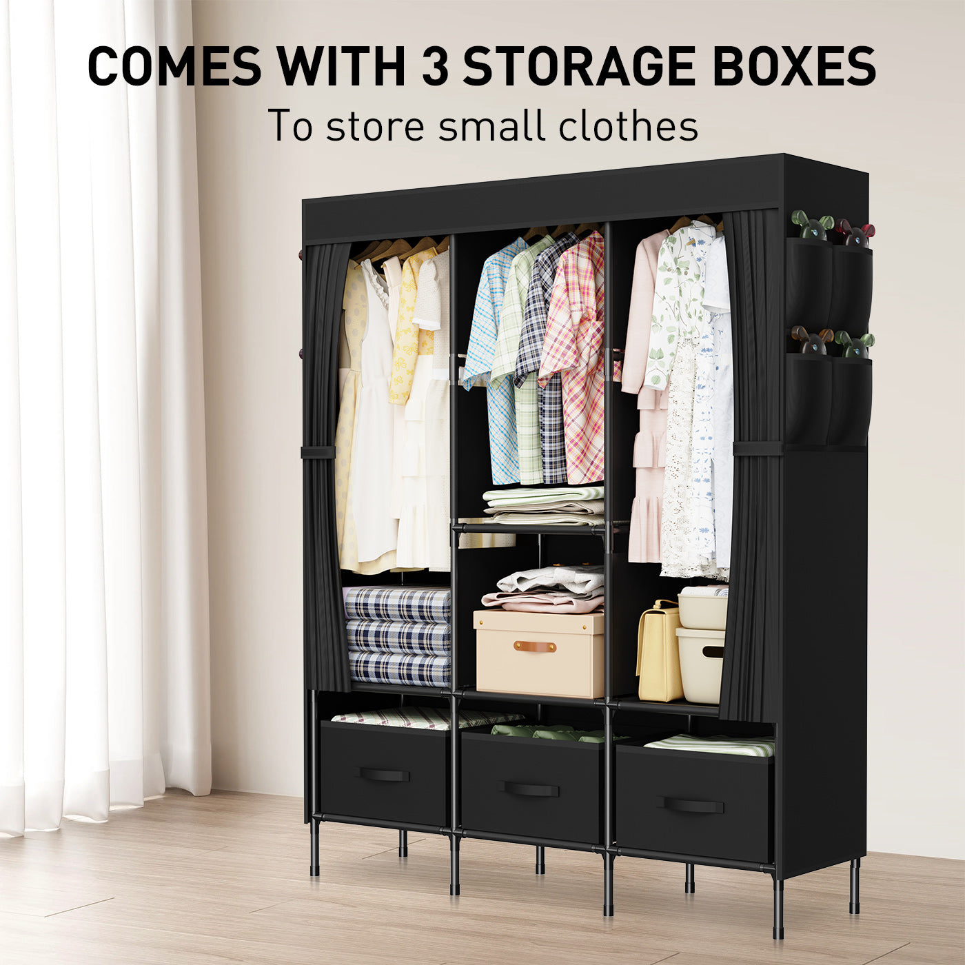 LOEFME Canvas Wardrobe, Fabric Wardrobes for Bedroom with 3 Storage Boxes and Hanging Rods, 51 x 17.7 x 67 Inch Size, 16mm Pipe Diameter Fabric Closet