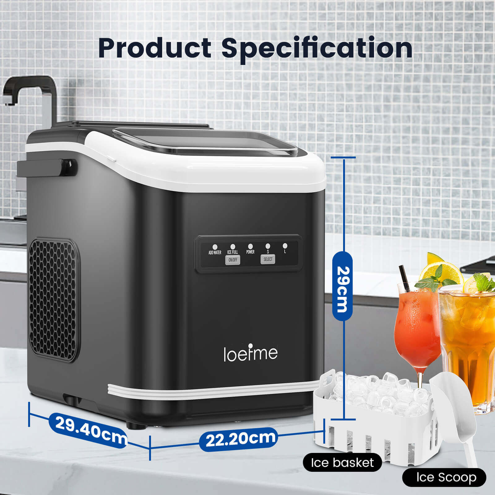 Loefme HZB-12/K Professional Electric Ice Maker, Portable Ice Maker, Self-Cleaning Bullet-Shaped Ice Cube Machine, Round Ice Cube Machine, Home Bar