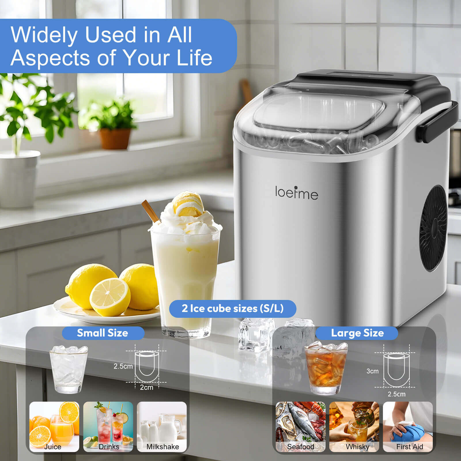 Loefme HZB-12/SH Mini Portable Fully Automatic Bullet-Shaped Ice Maker 12kg/24h 6 Minutes/9 Pcs Ice Cubes with Scoop Professional Ice Machine Self-Cleaning