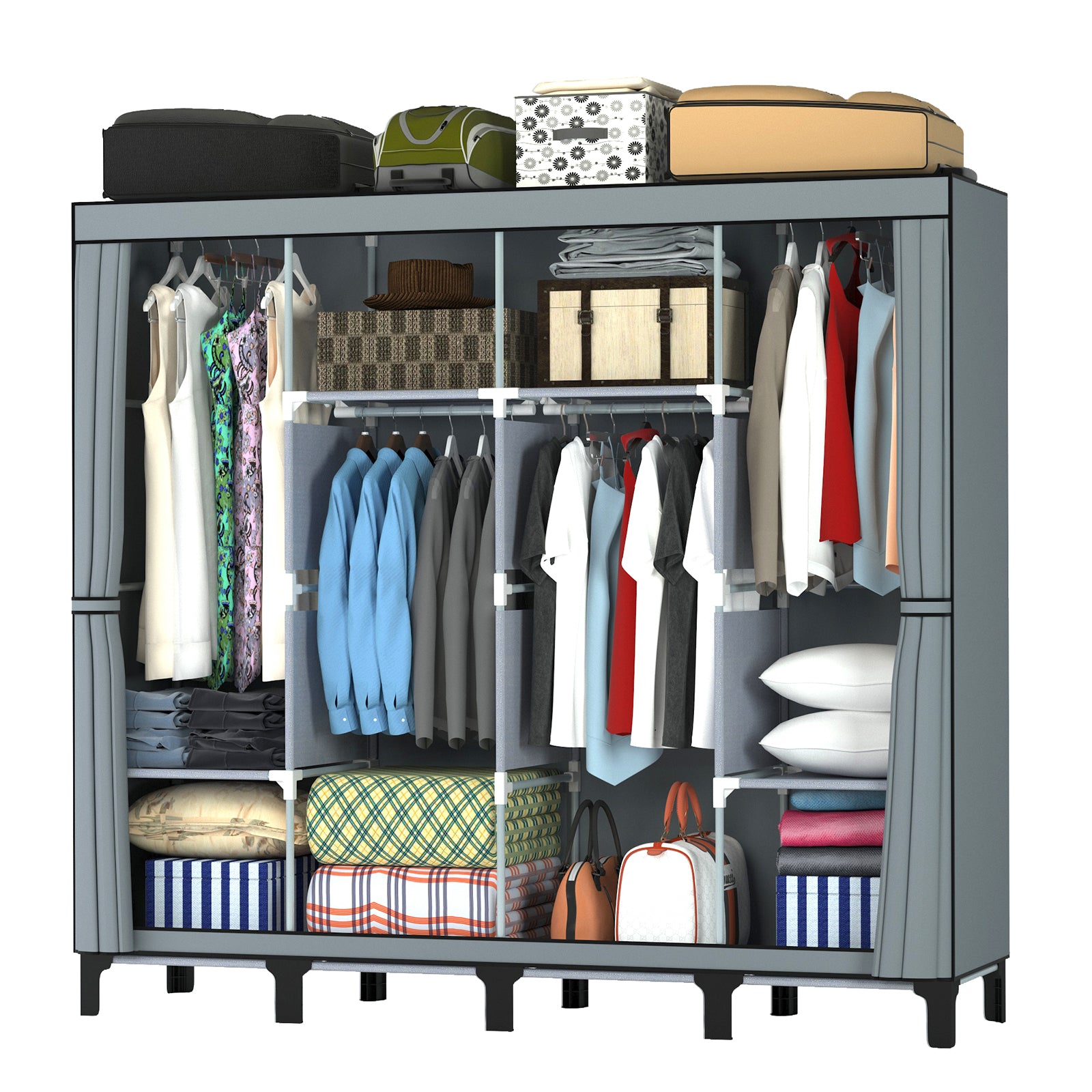 LOEFME Canvas Wardrobe, Four-column Portable Wardrobes for Bedroom, 165 * 45 * 175 cm New Base Design Fabric Wardrobe, 16 * 0.22mm Steel Tube Storage Space Foldable wardrobe