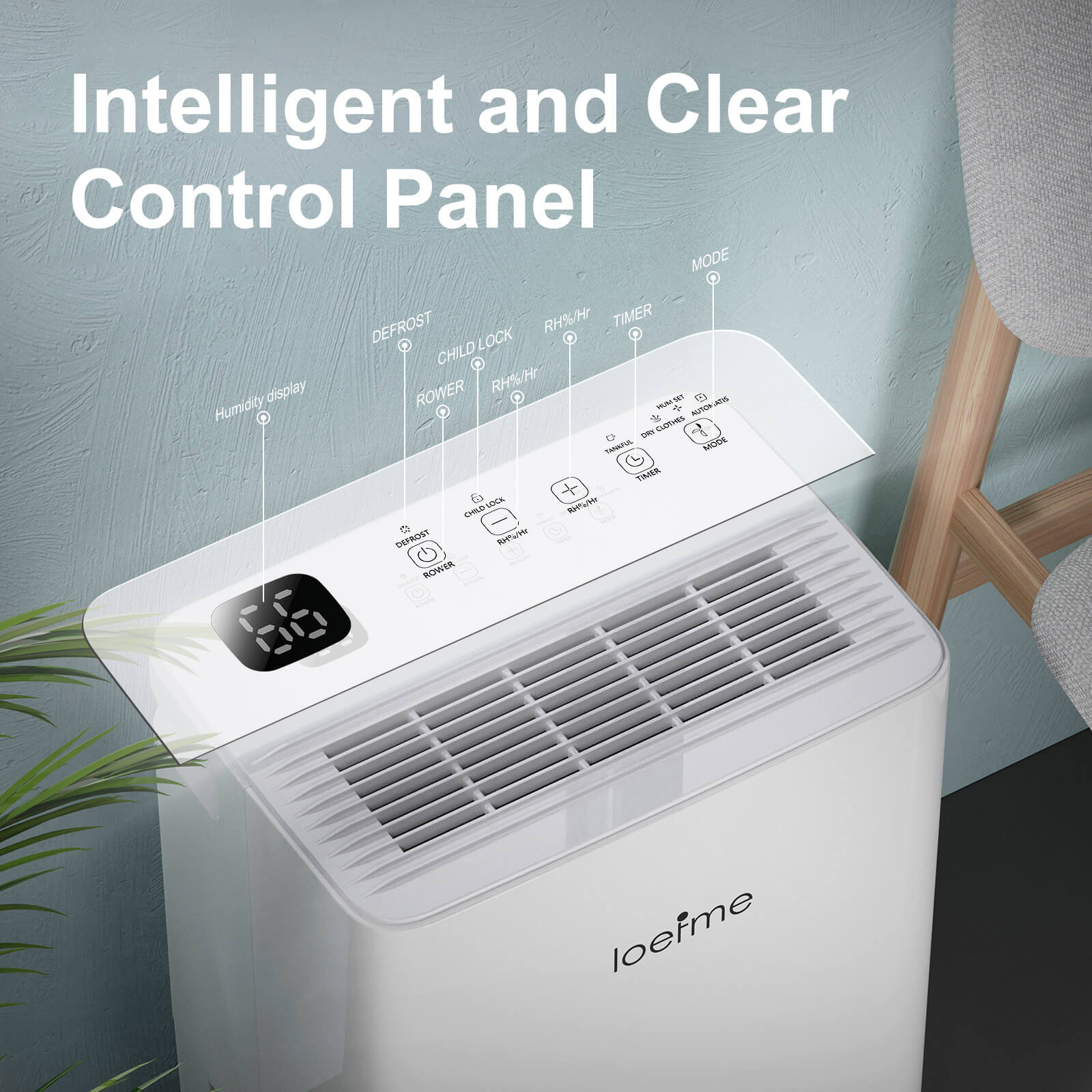 Loefme 12L/ Day Efficient Dehumidifier For Home, With 2L Tank & 2 Pipes, Portable Wheels, 3 Modes, Auto Defrost, Timer, Child Lock, Digital Display, Full Water Alert, LED Light For Bathroom/ Bedroom/ Kitchen/ Caravan/ Wardrobe
