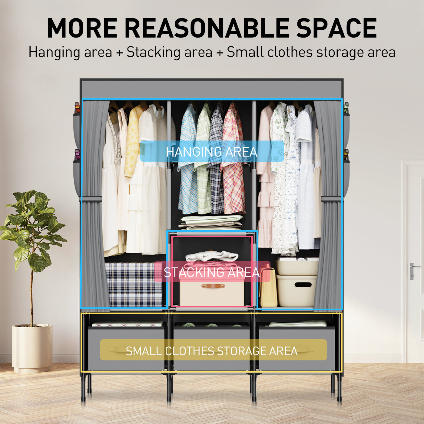 LOEFME Canvas Wardrobe, Fabric Wardrobes for Bedroom with 3 Storage Boxes and Hanging Rods, 51 x 17.7 x 67 Inch Size, 16mm Pipe Diameter Fabric Closet