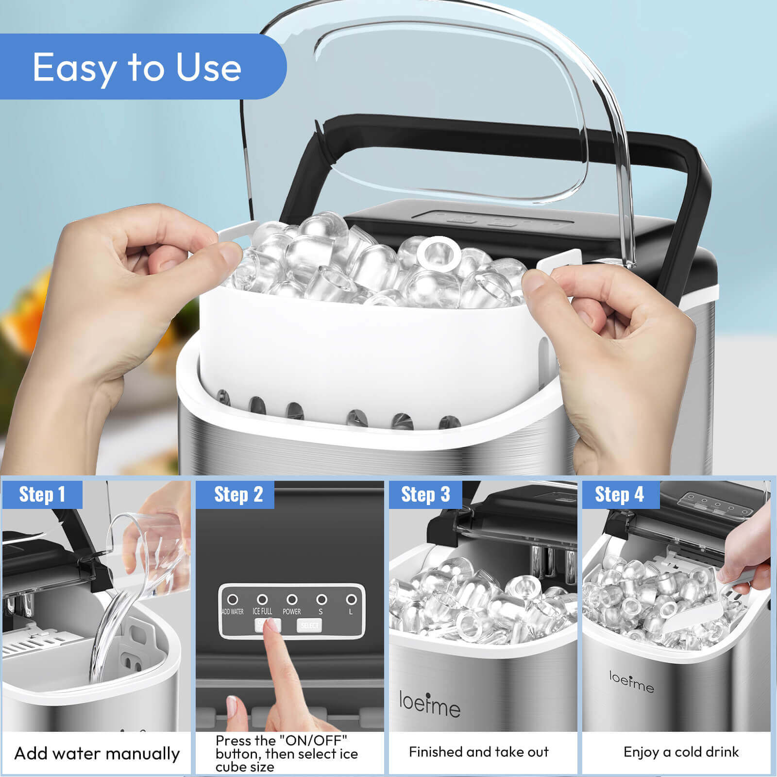 Loefme HZB-12/SH Mini Portable Fully Automatic Bullet-Shaped Ice Maker 12kg/24h 6 Minutes/9 Pcs Ice Cubes with Scoop Professional Ice Machine Self-Cleaning