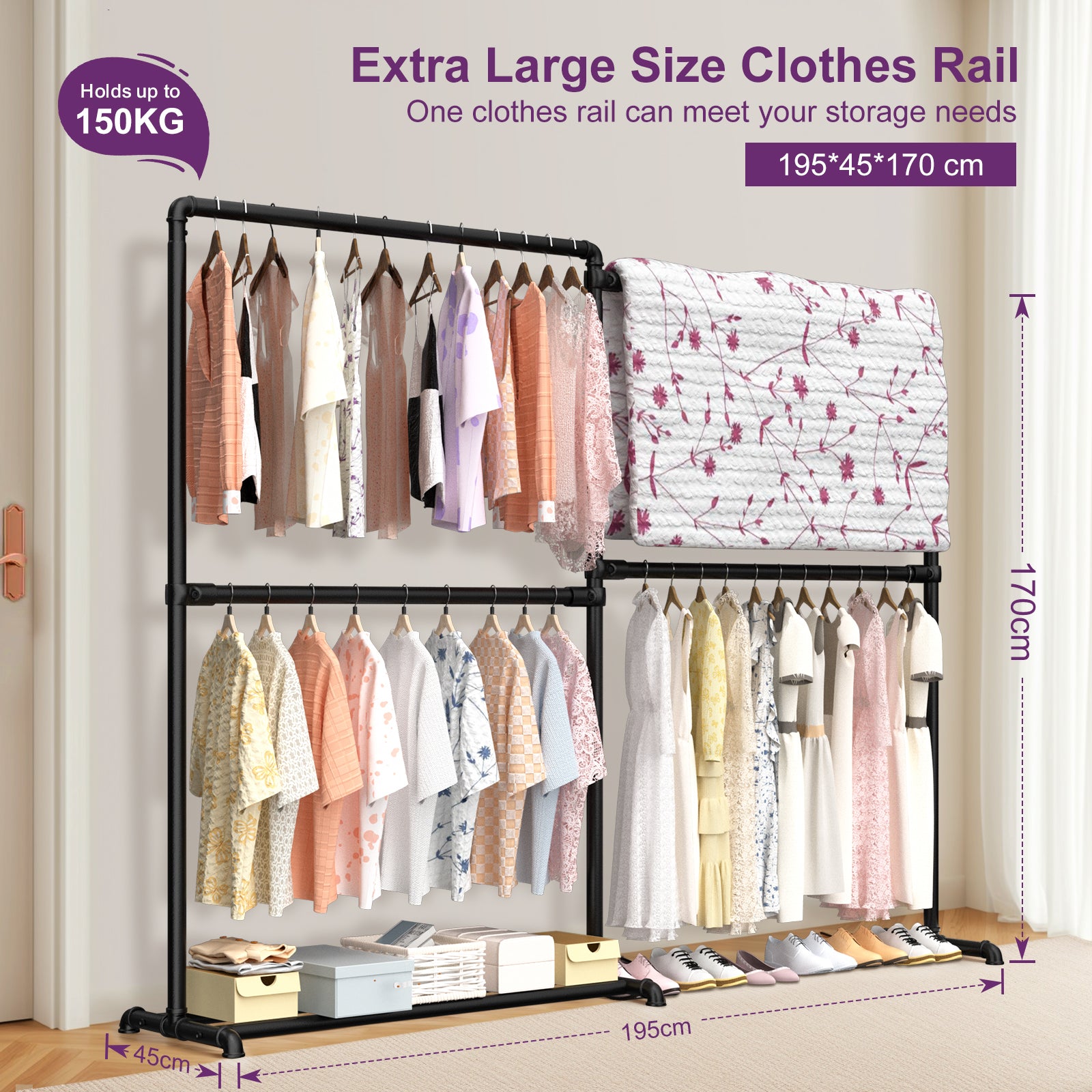 LOEFME Heavy Duty Clothes Rail, 195 * 45 * 170 cm Clothes Rack with Bottom Storage Shelf, Foldable Clothes Rails for Bedroom, Sturdy and Durable, Ideal for Home and Commercial Use