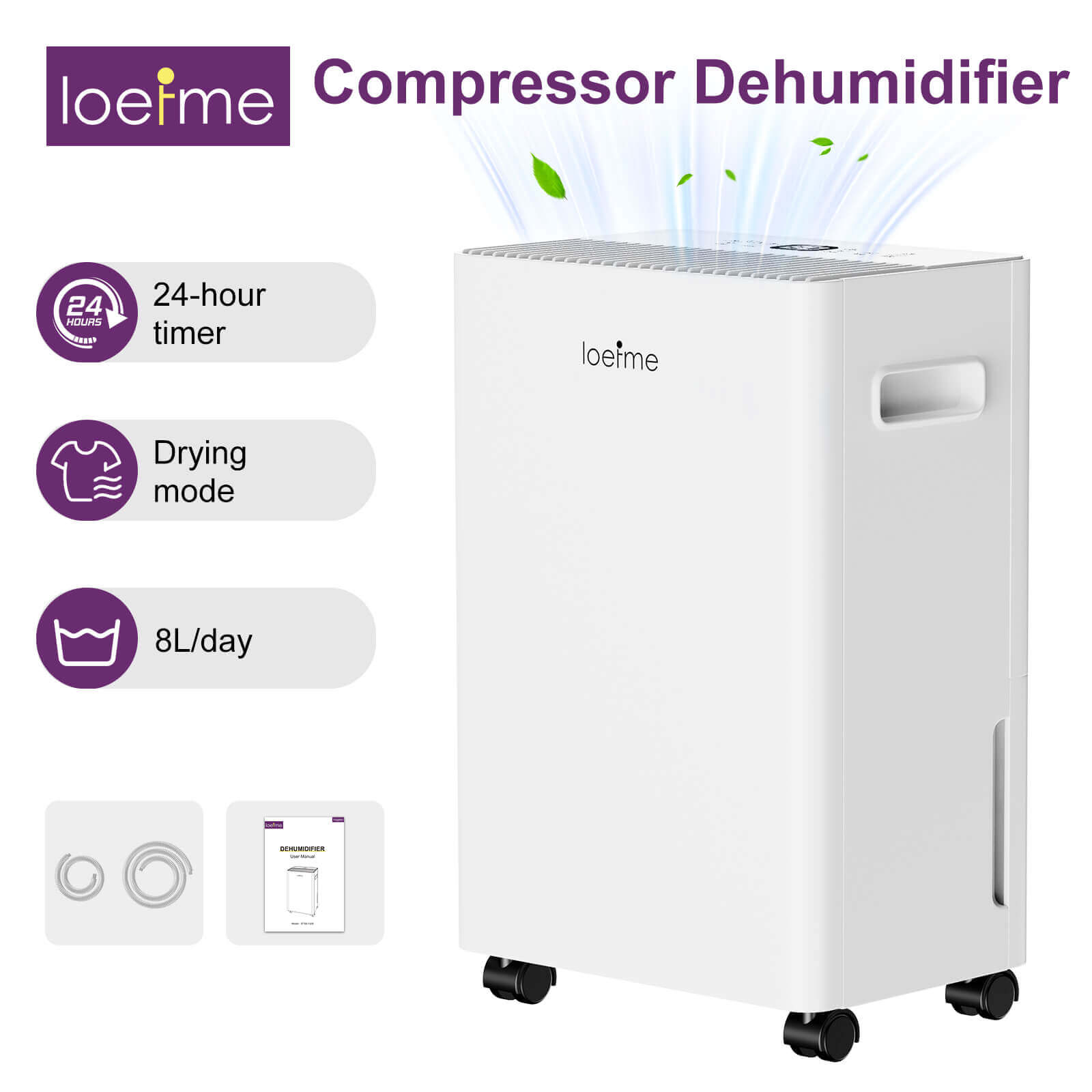 Loefme 8L/ Day Efficient Dehumidifier For Home, With 1.5L Tank & 2 Pipes, Portable Wheels, 3 Modes, Auto Defrost, Timer, Child Lock, Digital Display, Full Water Alert, Bedroom/ Kitchen/ Caravan/ Wardrobe