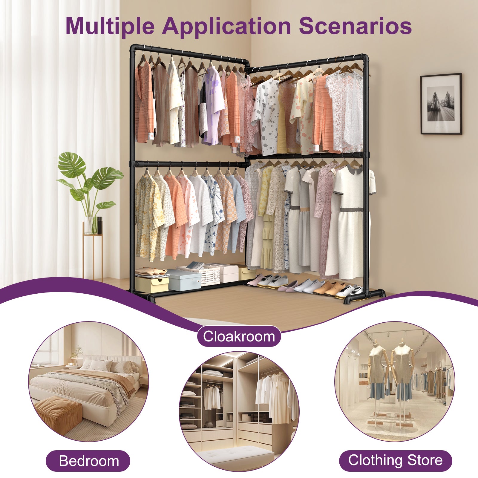 LOEFME Heavy Duty Clothes Rail, 195 * 45 * 170 cm Clothes Rack with Bottom Storage Shelf, Foldable Clothes Rails for Bedroom, Sturdy and Durable, Ideal for Home and Commercial Use