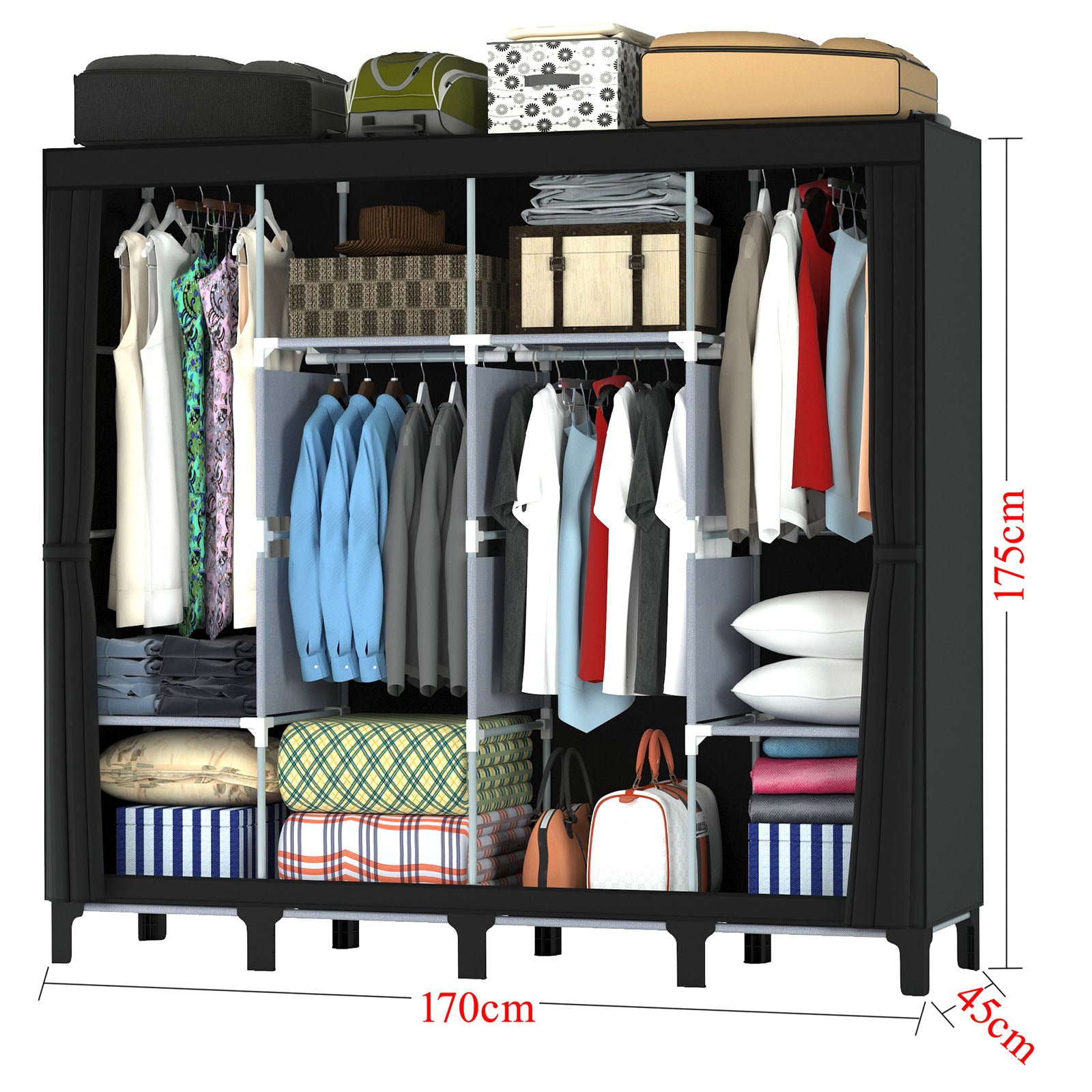 LOEFME Canvas Wardrobe, Four-column Portable Wardrobes for Bedroom, 165 * 45 * 175 cm New Base Design Fabric Wardrobe, 16 * 0.22mm Steel Tube Storage Space Foldable wardrobe