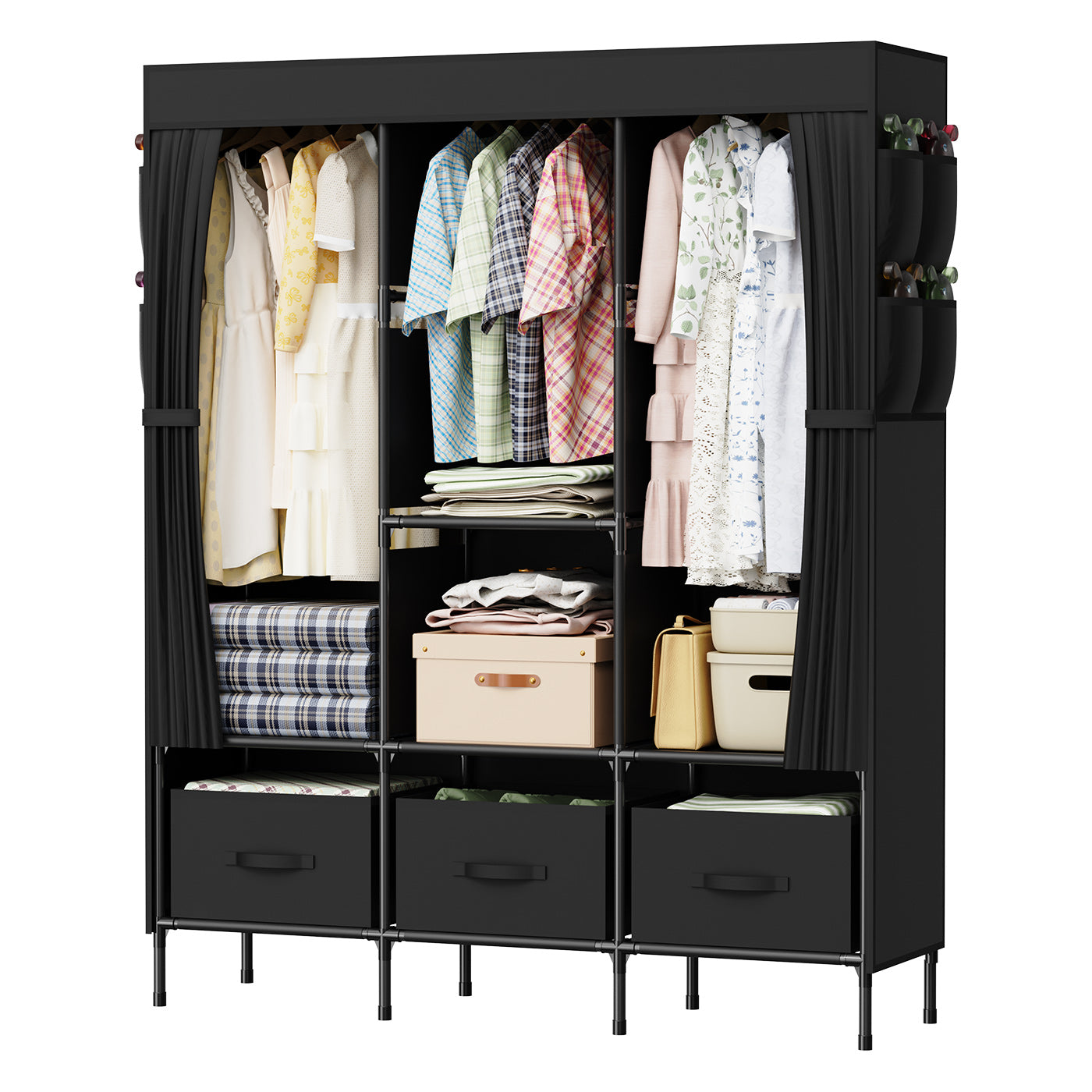 LOEFME Canvas Wardrobe, Fabric Wardrobes for Bedroom with 3 Storage Boxes and Hanging Rods, 51 x 17.7 x 67 Inch Size, 16mm Pipe Diameter Fabric Closet