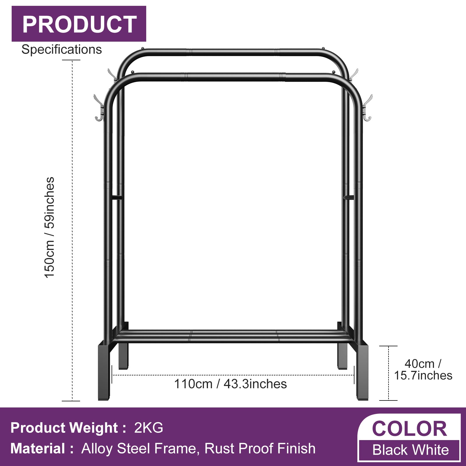 LOEFME Clothes Rail, 110 * 40 * 150cm Clothes Rack, Multifunctional Metal Clothes Hanging Rail, Minimalist Design Clothing Rail, Suitable for Bedrooms, Cloakrooms, Balconies and Dormitories
