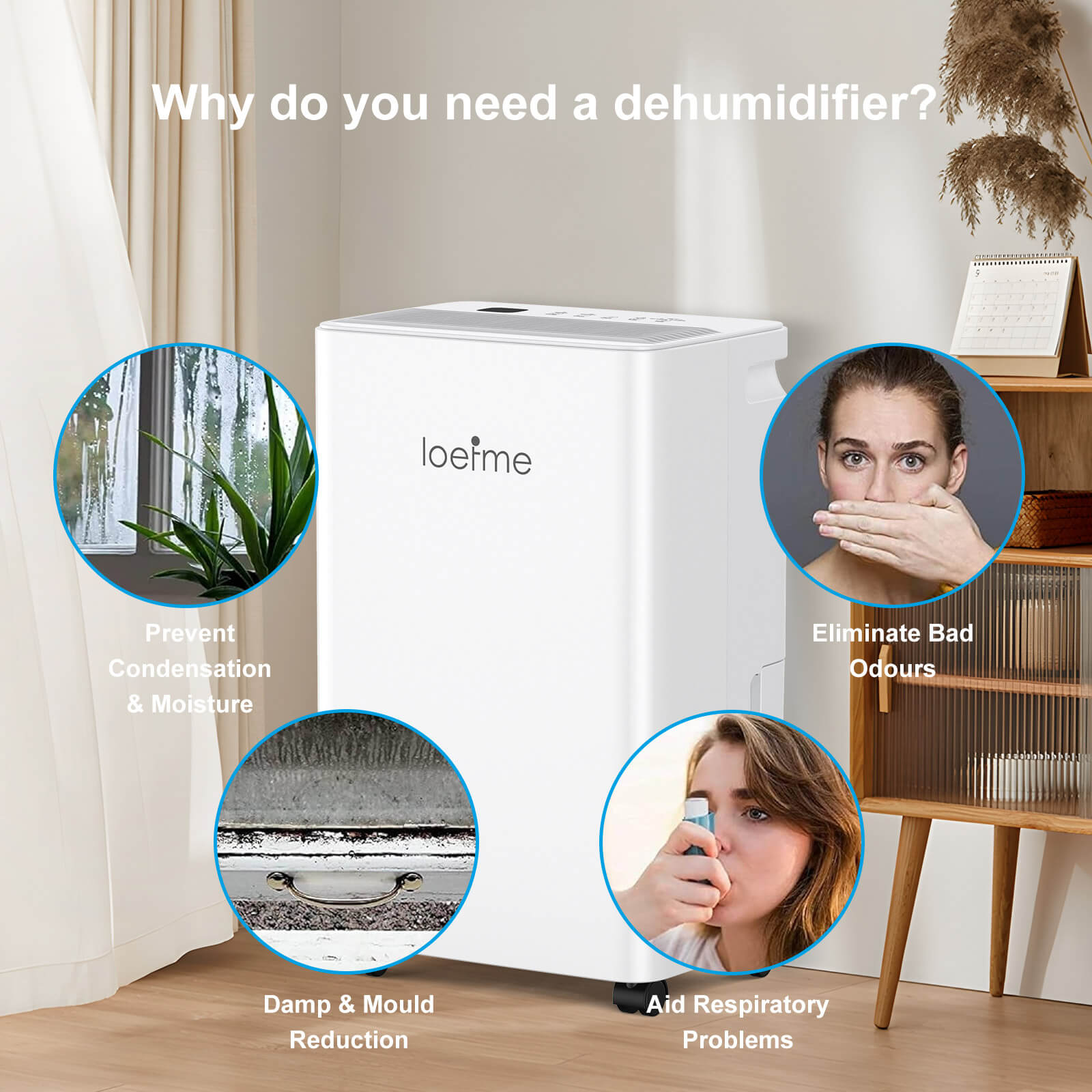 Loefme 12L/ Day Efficient Dehumidifier For Home, With 2L Tank & 2 Pipes, Portable Wheels, 3 Modes, Auto Defrost, Timer, Child Lock, Digital Display, Full Water Alert, LED Light For Bathroom/ Bedroom/ Kitchen/ Caravan/ Wardrobe