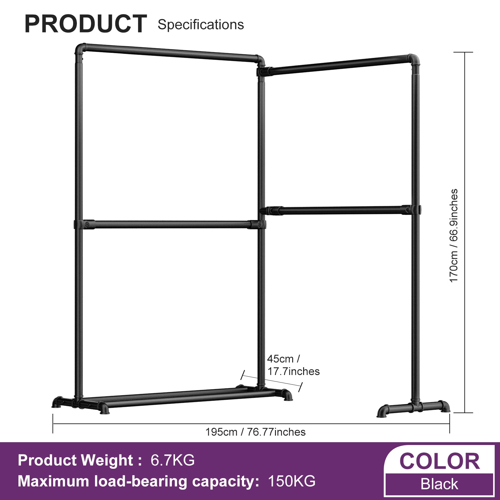 LOEFME Heavy Duty Clothes Rail, 195 * 45 * 170 cm Clothes Rack with Bottom Storage Shelf, Foldable Clothes Rails for Bedroom, Sturdy and Durable, Ideal for Home and Commercial Use
