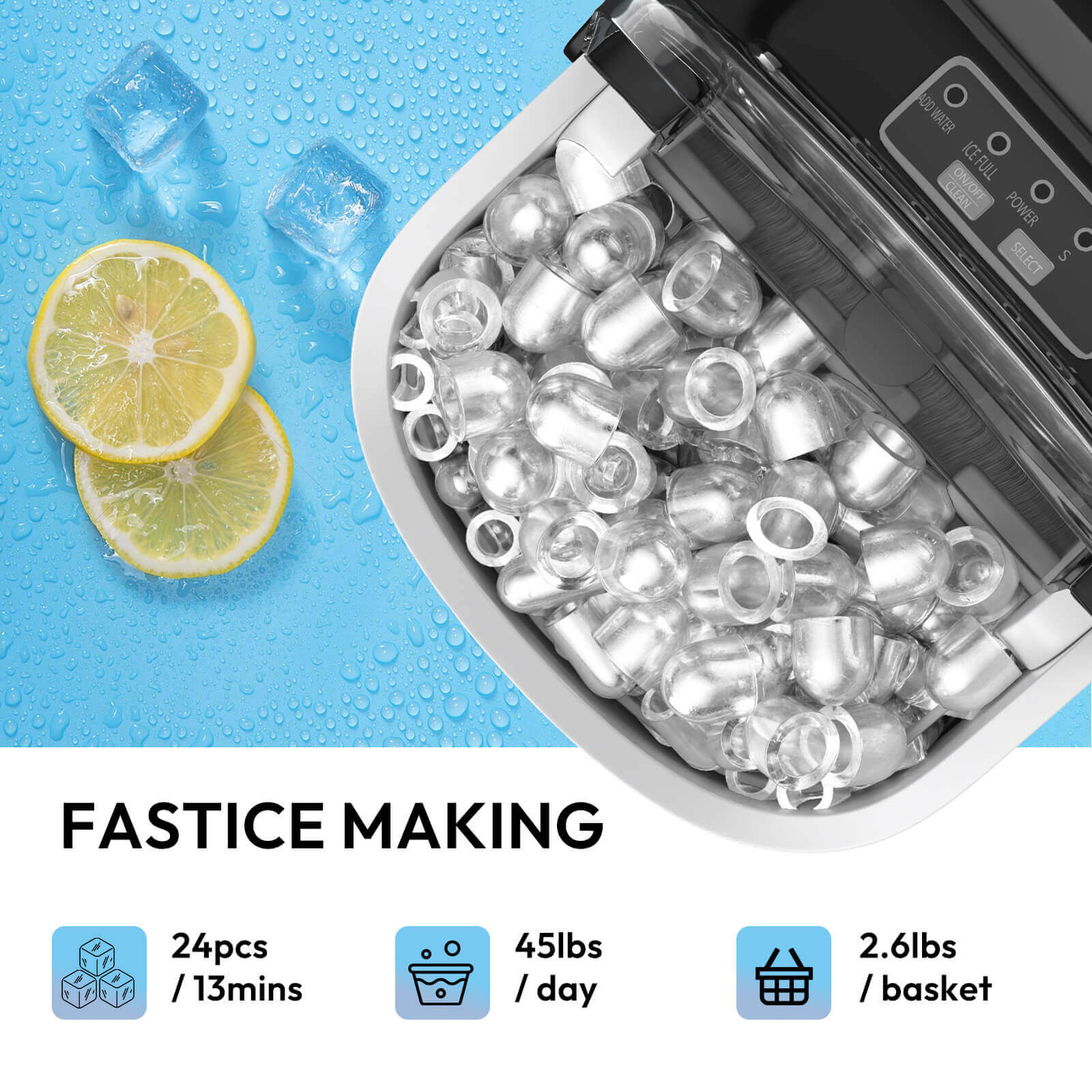 Loefme HZB-12/SH Mini Portable Fully Automatic Bullet-Shaped Ice Maker 12kg/24h 6 Minutes/9 Pcs Ice Cubes with Scoop Professional Ice Machine Self-Cleaning