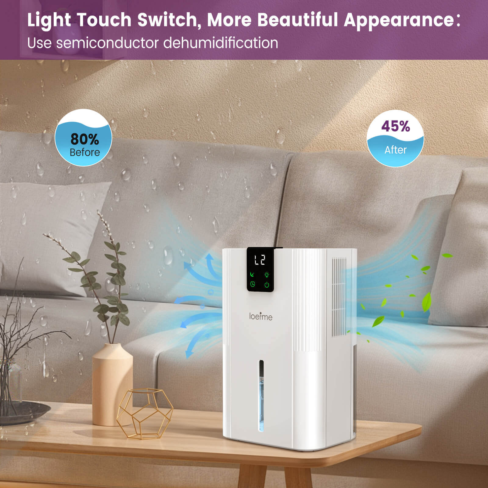 Loefme Silent Dehumidifier, Large 2.8L Air Dehumidifier, 750ML/Day With Touch Screen, LED Light For Home, Bedroom, Office, Basement