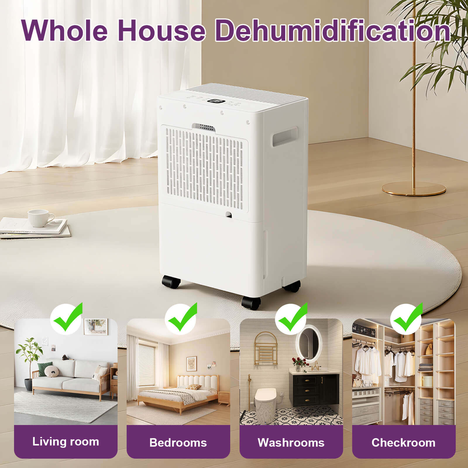Loefme 8L/ Day Efficient Dehumidifier For Home, With 1.5L Tank & 2 Pipes, Portable Wheels, 3 Modes, Auto Defrost, Timer, Child Lock, Digital Display, Full Water Alert, Bedroom/ Kitchen/ Caravan/ Wardrobe