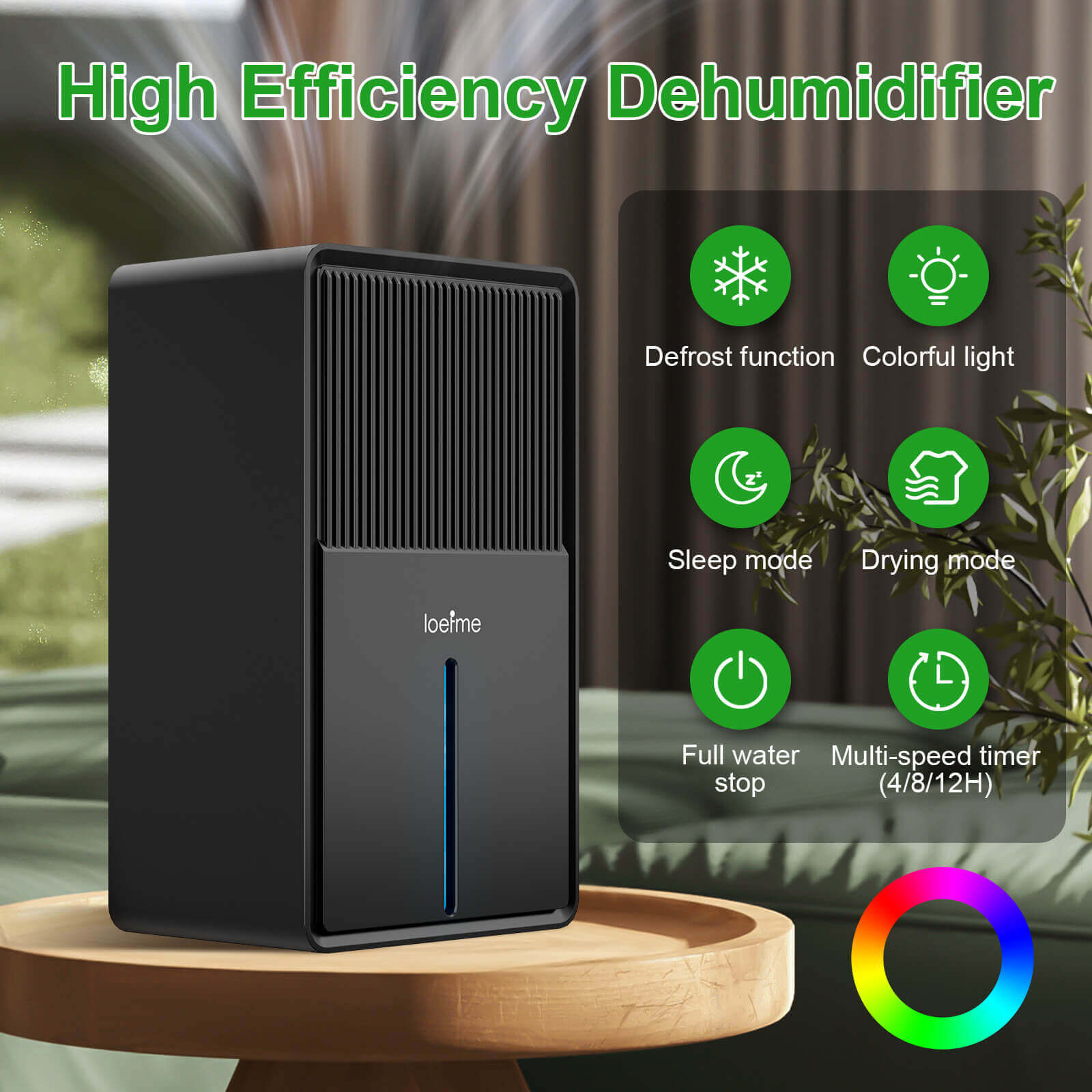 Loefme B631 Dehumidifier 850 ML/Day 7 Colors Light Drying Mode Defrost Function Sleep Mode Quiet Home Bedroom 3L Air Dehumidifier