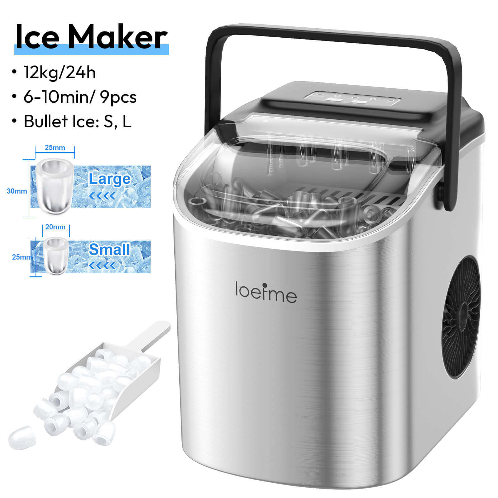 Loefme HZB-12/SH Mini Portable Fully Automatic Bullet-Shaped Ice Maker 12kg/24h 6 Minutes/9 Pcs Ice Cubes with Scoop Professional Ice Machine Self-Cleaning