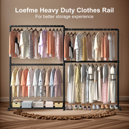 LOEFME Heavy Duty Clothes Rail, 195 * 45 * 170 cm Clothes Rack with Bottom Storage Shelf, Foldable Clothes Rails for Bedroom, Sturdy and Durable, Ideal for Home and Commercial Use