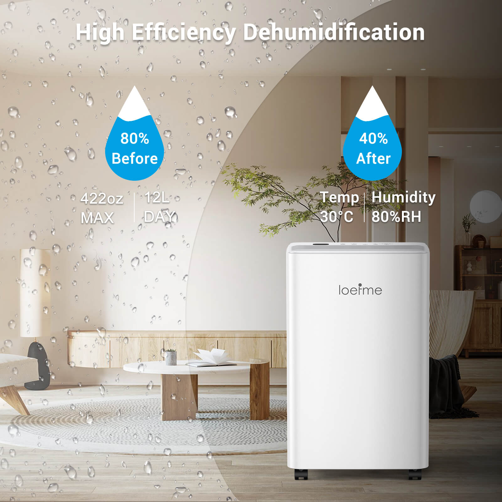 Loefme 12L/ Day Efficient Dehumidifier For Home, With 2L Tank & 2 Pipes, Portable Wheels, 3 Modes, Auto Defrost, Timer, Child Lock, Digital Display, Full Water Alert, LED Light For Bathroom/ Bedroom/ Kitchen/ Caravan/ Wardrobe