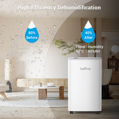 Loefme 12L/ Day Efficient Dehumidifier For Home, With 2L Tank & 2 Pipes, Portable Wheels, 3 Modes, Auto Defrost, Timer, Child Lock, Digital Display, Full Water Alert, LED Light For Bathroom/ Bedroom/ Kitchen/ Caravan/ Wardrobe