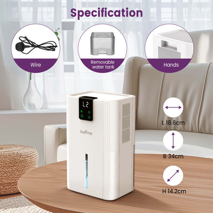 Loefme Silent Dehumidifier, Large 2.8L Air Dehumidifier, 750ML/Day With Touch Screen, LED Light For Home, Bedroom, Office, Basement