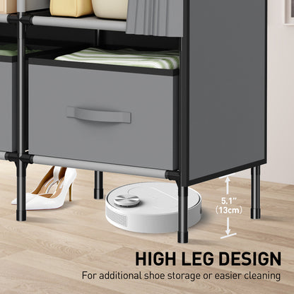 LOEFME Canvas Wardrobe, Fabric Wardrobes for Bedroom with 3 Storage Boxes and Hanging Rods, 51 x 17.7 x 67 Inch Size, 16mm Pipe Diameter Fabric Closet