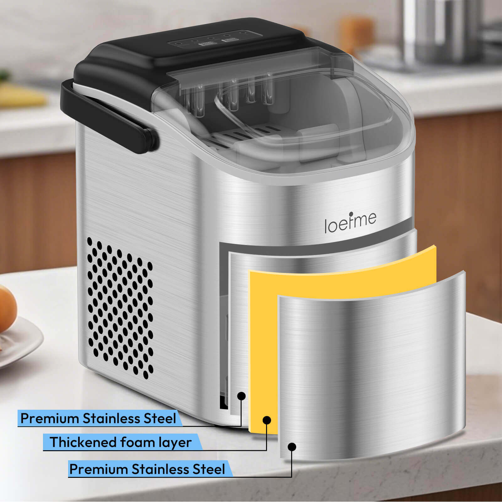 Loefme HZB-12/SH Mini Portable Fully Automatic Bullet-Shaped Ice Maker 12kg/24h 6 Minutes/9 Pcs Ice Cubes with Scoop Professional Ice Machine Self-Cleaning