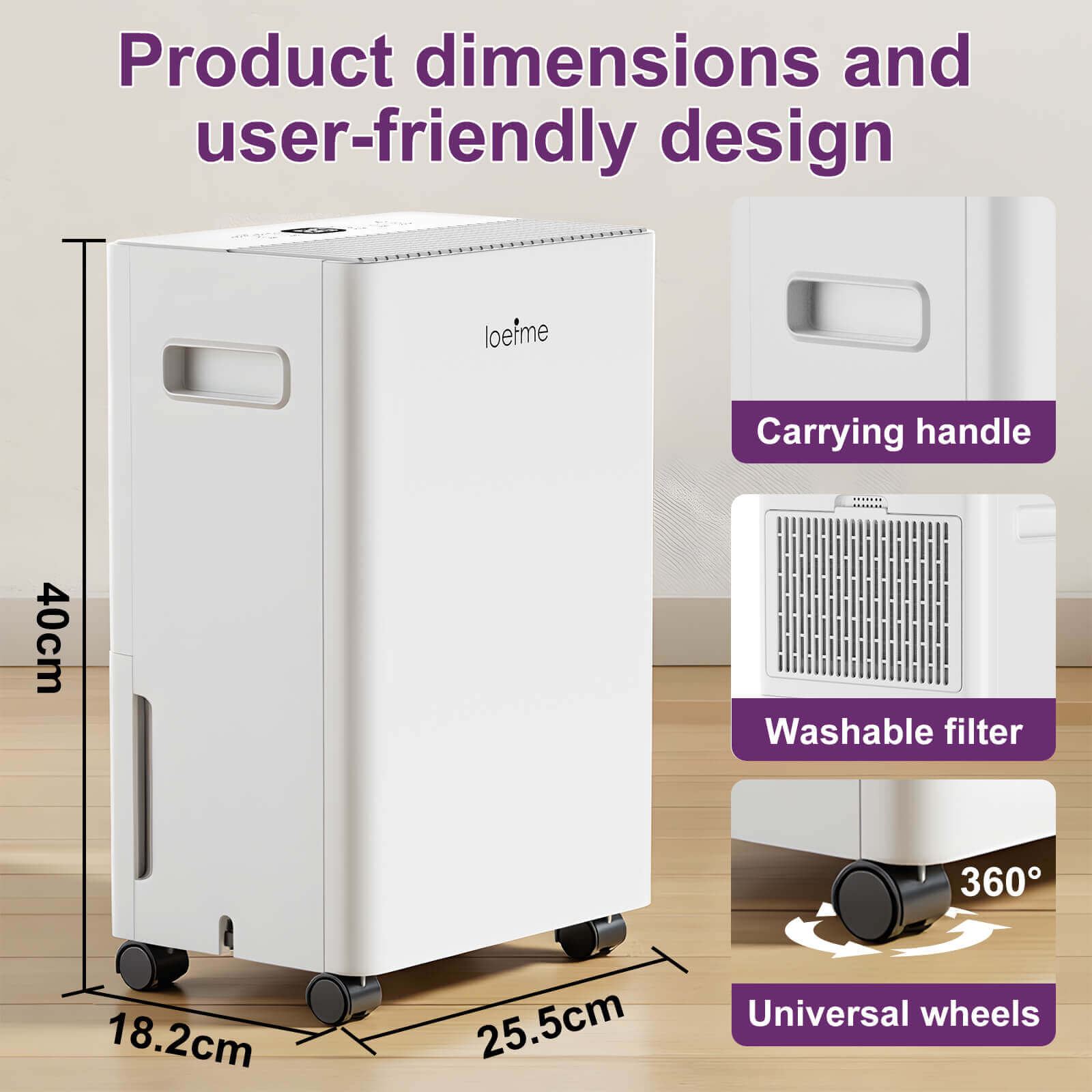 Loefme 8L/ Day Efficient Dehumidifier For Home, With 1.5L Tank & 2 Pipes, Portable Wheels, 3 Modes, Auto Defrost, Timer, Child Lock, Digital Display, Full Water Alert, Bedroom/ Kitchen/ Caravan/ Wardrobe