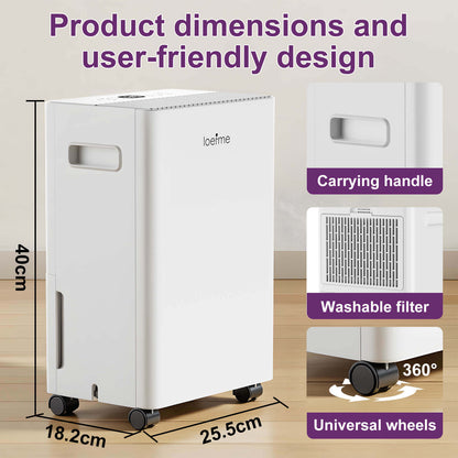 Loefme 8L/ Day Efficient Dehumidifier For Home, With 1.5L Tank & 2 Pipes, Portable Wheels, 3 Modes, Auto Defrost, Timer, Child Lock, Digital Display, Full Water Alert, Bedroom/ Kitchen/ Caravan/ Wardrobe