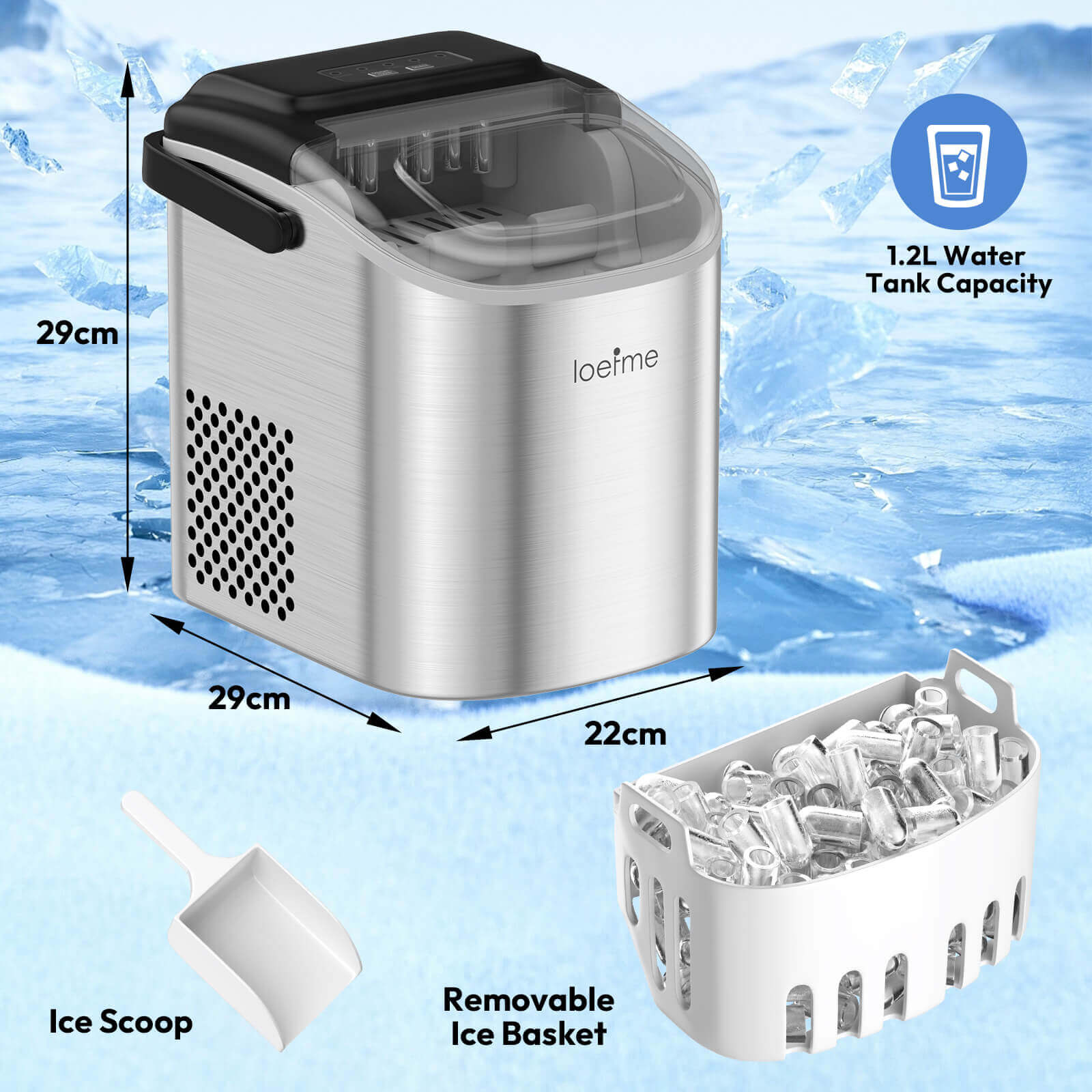 Loefme HZB-12/SH Mini Portable Fully Automatic Bullet-Shaped Ice Maker 12kg/24h 6 Minutes/9 Pcs Ice Cubes with Scoop Professional Ice Machine Self-Cleaning
