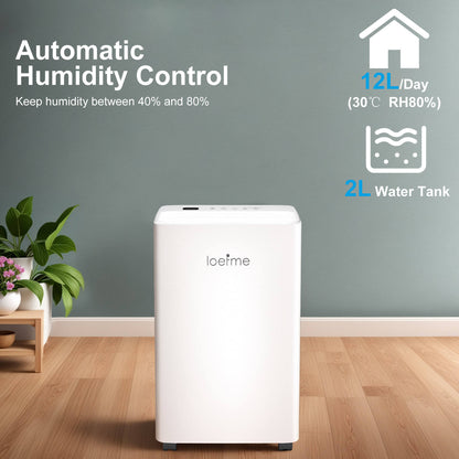 Loefme 12L/ Day Efficient Dehumidifier For Home, With 2L Tank & 2 Pipes, Portable Wheels, 3 Modes, Auto Defrost, Timer, Child Lock, Digital Display, Full Water Alert, LED Light For Bathroom/ Bedroom/ Kitchen/ Caravan/ Wardrobe