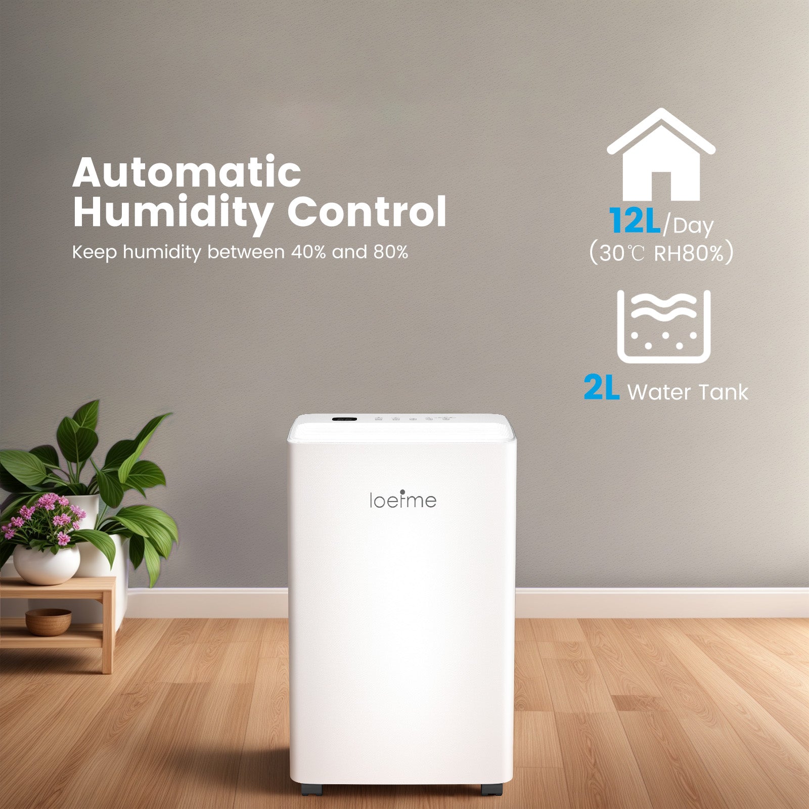 LOEFME 12L/Day Dehumidifier with 2L Water Tank, 220W Dehumidifiers for Home, Prevents Damp and Condensation, Quiet Dehumidifier Lower than 40dB, Suitable for Bedroom, Living Room, RV, Cloakroom