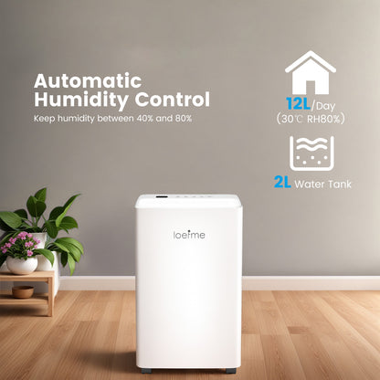 LOEFME 12L/Day Dehumidifier with 2L Water Tank, 220W Dehumidifiers for Home, Prevents Damp and Condensation, Quiet Dehumidifier Lower than 40dB, Suitable for Bedroom, Living Room, RV, Cloakroom