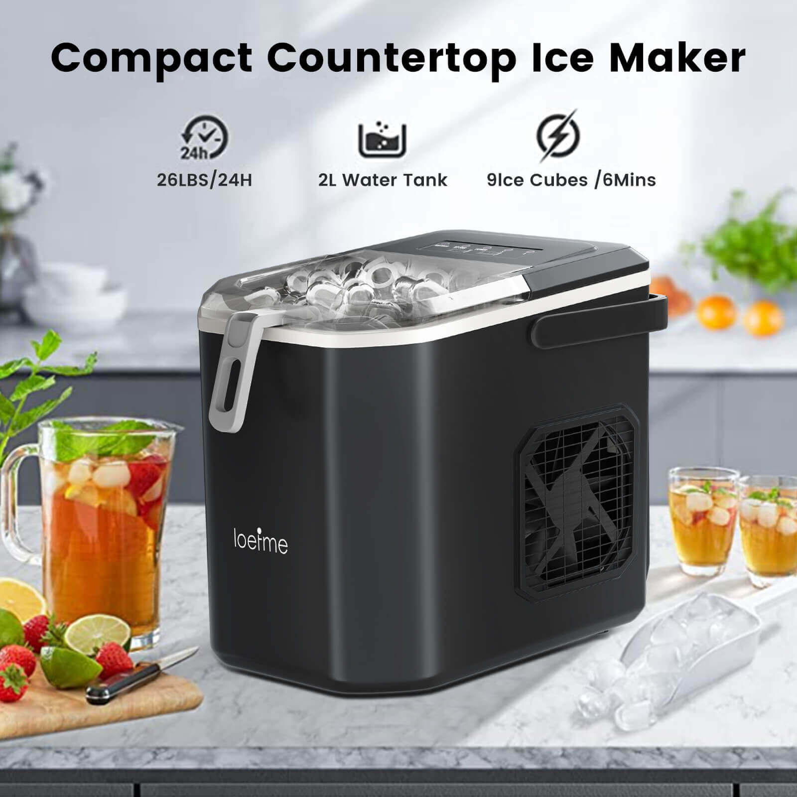 Loefme HZB-12/G Bullet-Shaped Ice Maker With Self-Cleaning Function, Portable Ice Maker With Handle For Easy Portability, Removable Stand For Ice Scraper, Suitable For Kitchen/Home/Office/Party/RV