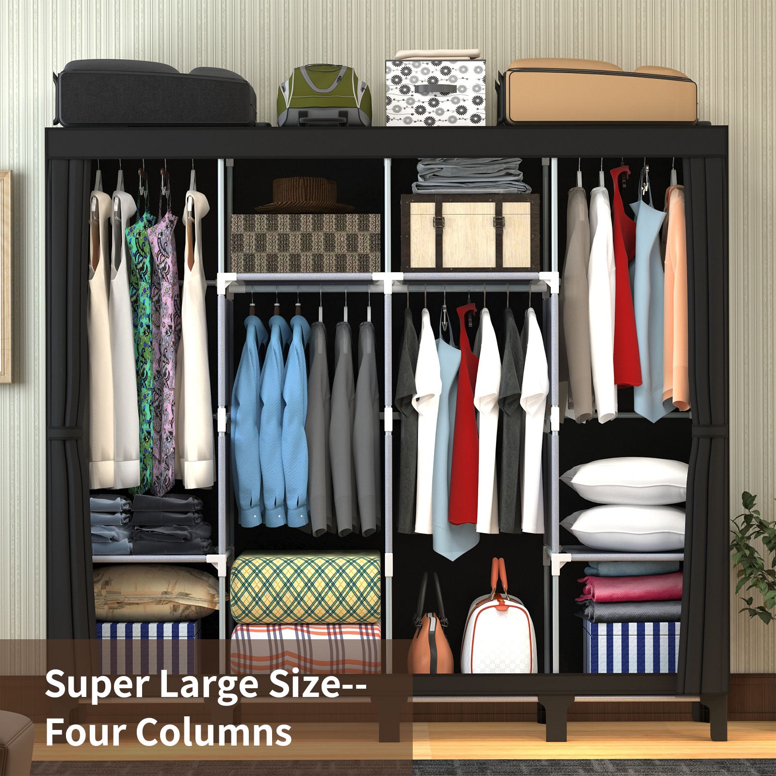 LOEFME Canvas Wardrobe, Four-column Portable Wardrobes for Bedroom, 165 * 45 * 175 cm New Base Design Fabric Wardrobe, 16 * 0.22mm Steel Tube Storage Space Foldable wardrobe