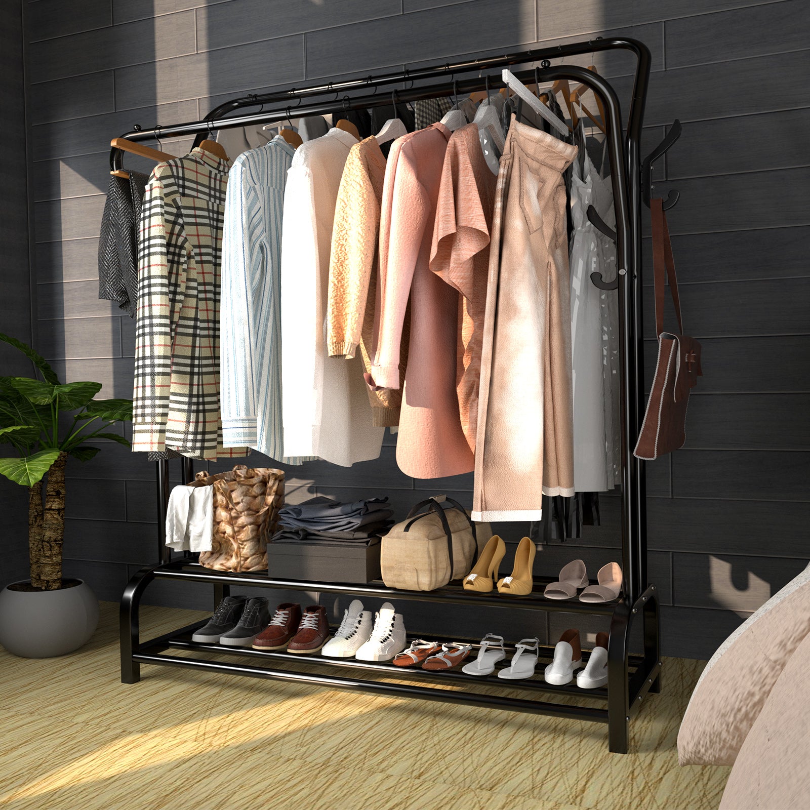 LOEFME Clothes Rail, Heavy Duty Metal Coat Stand, Free Standing Clothes Rack Shoes Rack, Minimalism Coat Rack, Double-Rail Clothing Rail, Sturdy Durable Garment Rack