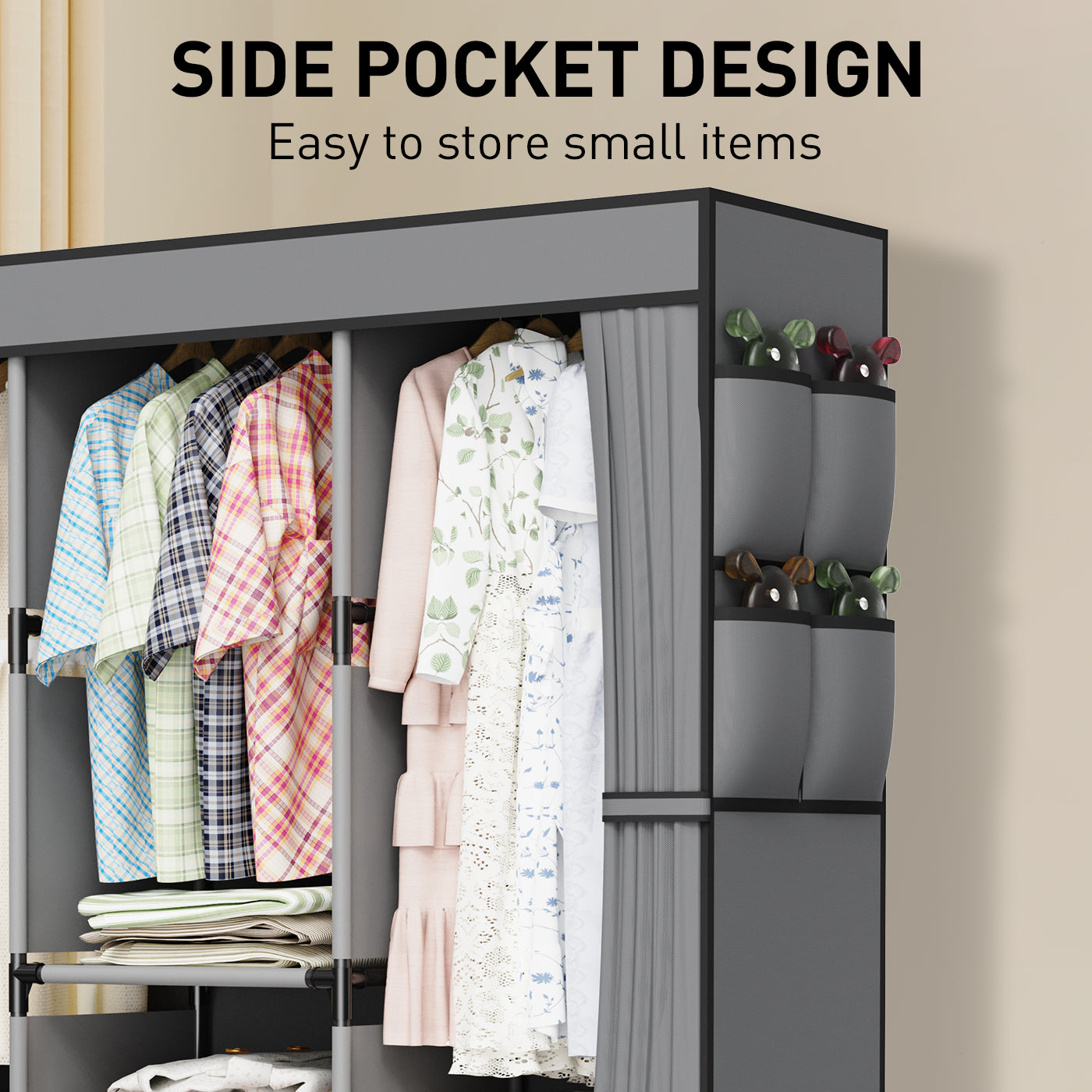 LOEFME Canvas Wardrobe, Fabric Wardrobes for Bedroom with 3 Storage Boxes and Hanging Rods, 51 x 17.7 x 67 Inch Size, 16mm Pipe Diameter Fabric Closet