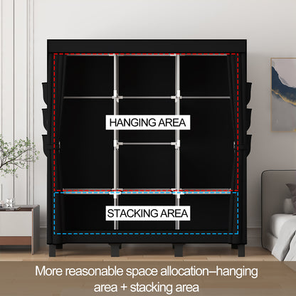 LOEFME Canvas Wardrobe 172 * 130 * 45cm, Wardrobes for Bedroom, New Base Design Fabric Bedroom Wardrobes with 2 Hanging Rails and 18 Side Bags, Fabric Closet, Cheap Folding Wardrobe