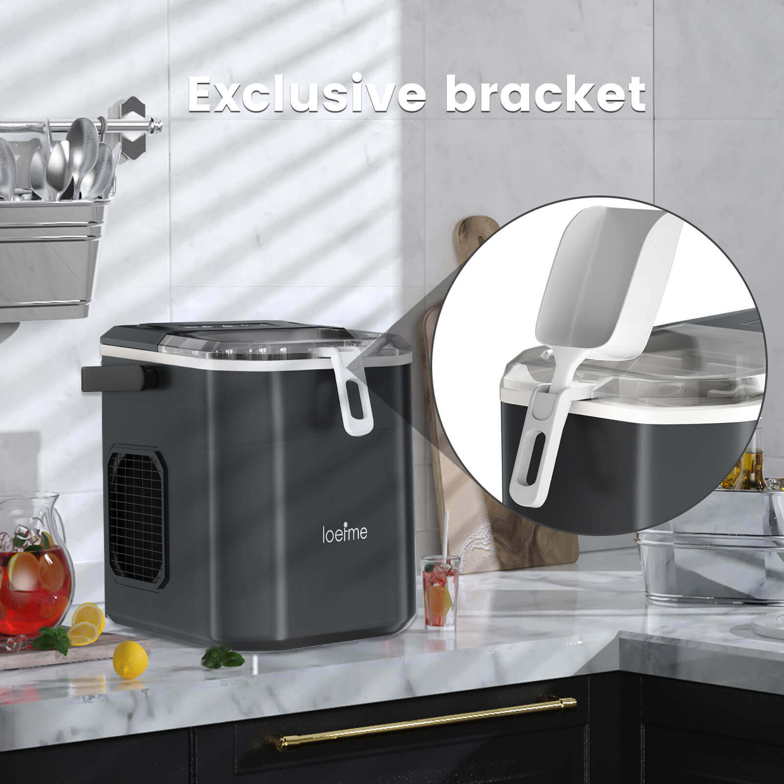 Loefme HZB-12/G Bullet-Shaped Ice Maker With Self-Cleaning Function, Portable Ice Maker With Handle For Easy Portability, Removable Stand For Ice Scraper, Suitable For Kitchen/Home/Office/Party/RV