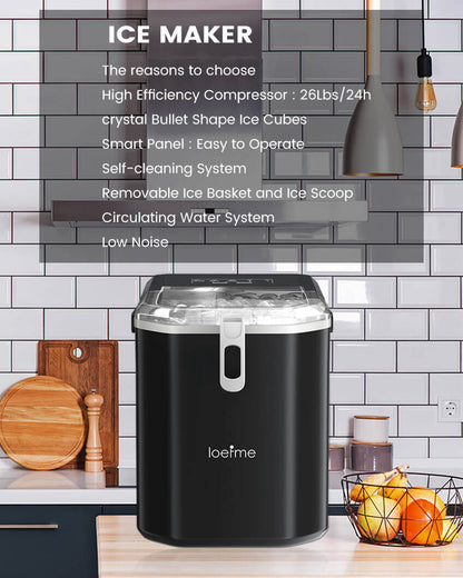 Loefme HZB-12/G Bullet-Shaped Ice Maker With Self-Cleaning Function, Portable Ice Maker With Handle For Easy Portability, Removable Stand For Ice Scraper, Suitable For Kitchen/Home/Office/Party/RV