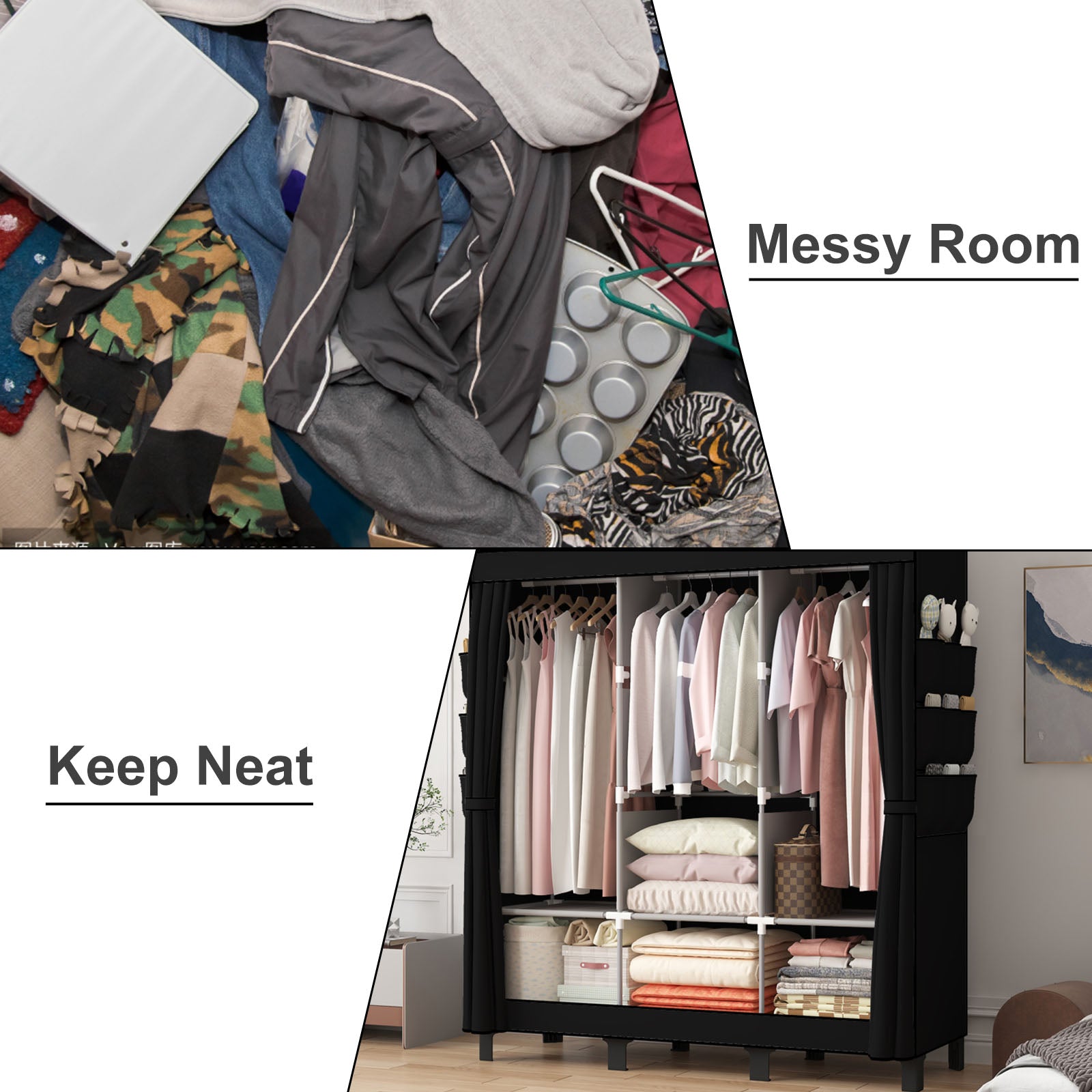 LOEFME Canvas Wardrobe 172 * 130 * 45cm, Wardrobes for Bedroom, New Base Design Fabric Bedroom Wardrobes with 2 Hanging Rails and 18 Side Bags, Fabric Closet, Cheap Folding Wardrobe