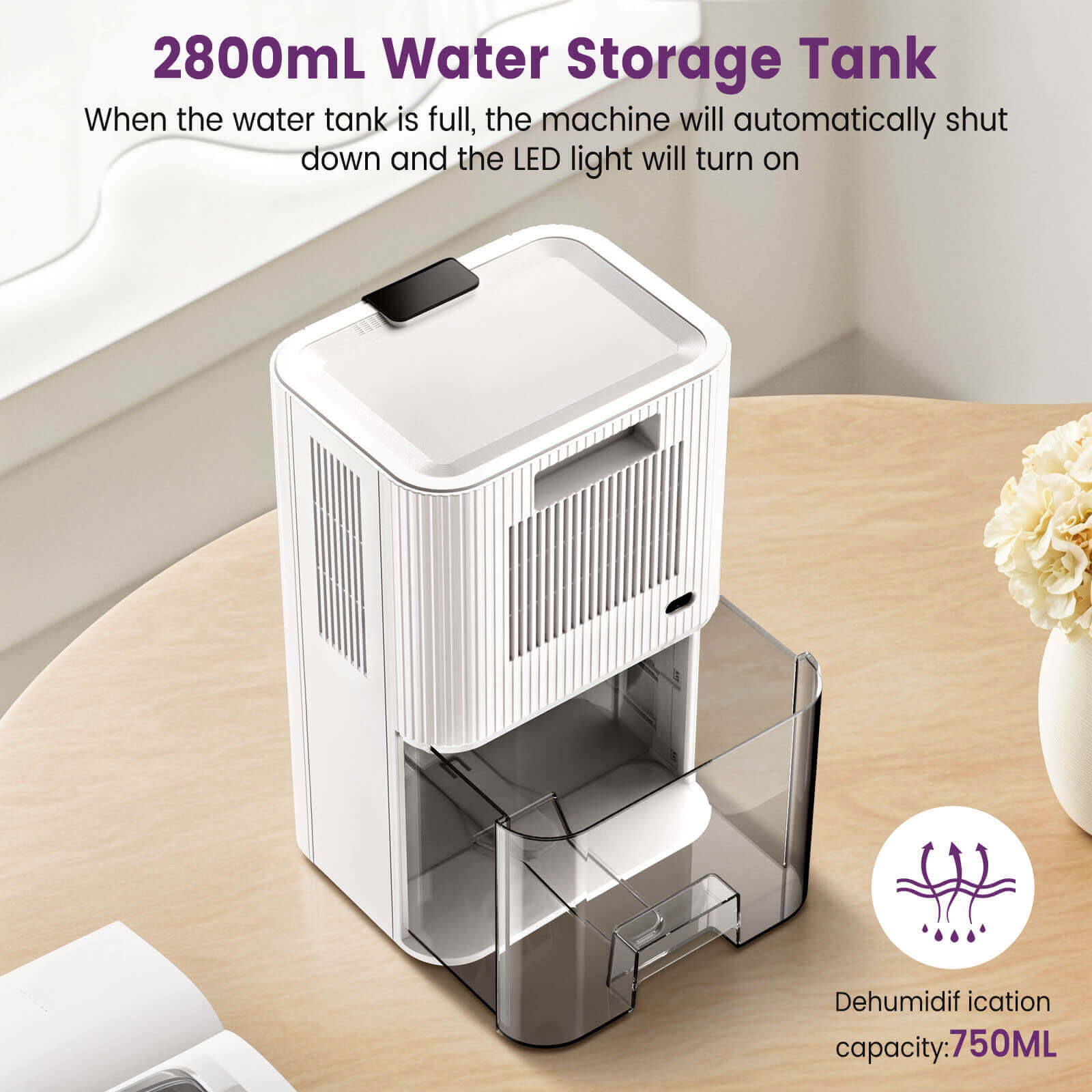 Loefme Silent Dehumidifier, Large 2.8L Air Dehumidifier, 750ML/Day With Touch Screen, LED Light For Home, Bedroom, Office, Basement